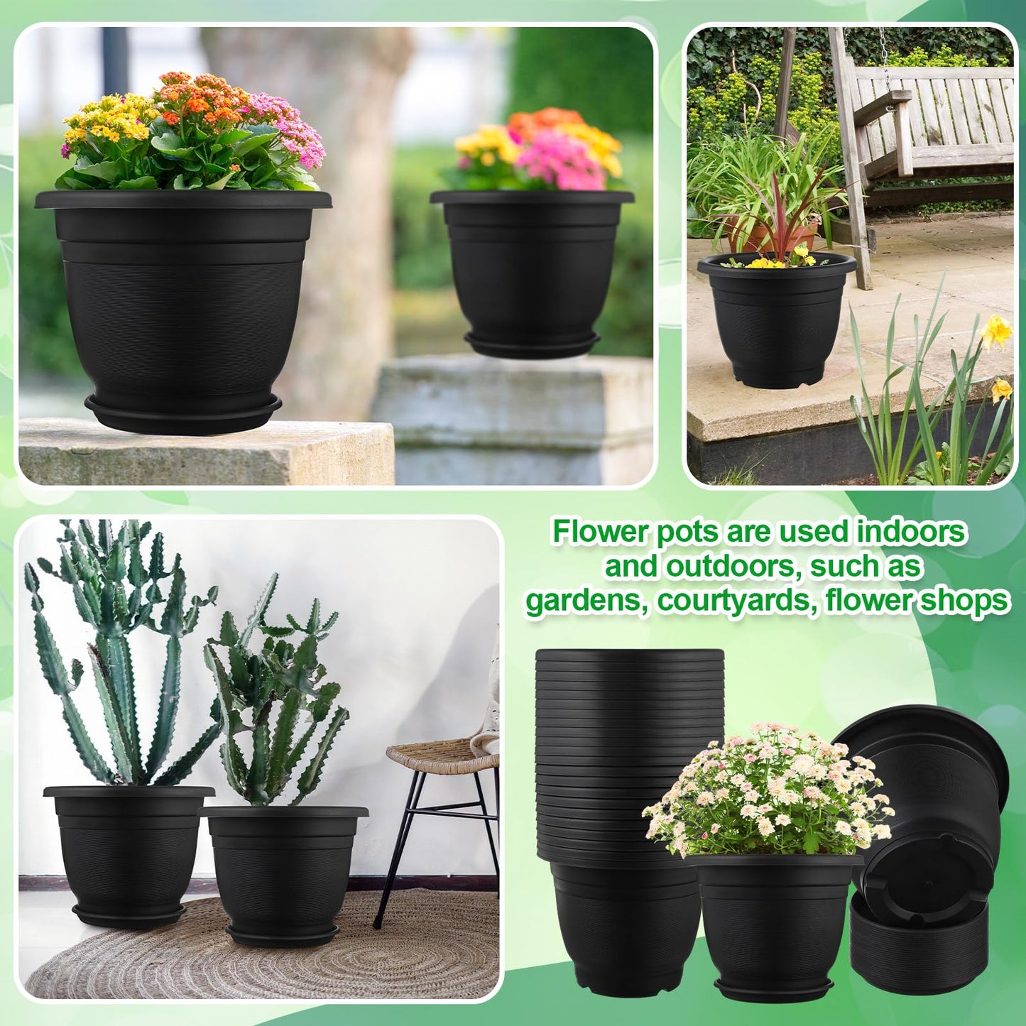 Sunnychicc 12 Pack 10'' Plastic Plant Pots Round Planter Pots with Saucer Tray Seedling Pot Hole Seed Resin Plant Pot Starting Nursery Flower Container with Pallet for Garden Outdoor Indoor(Black)