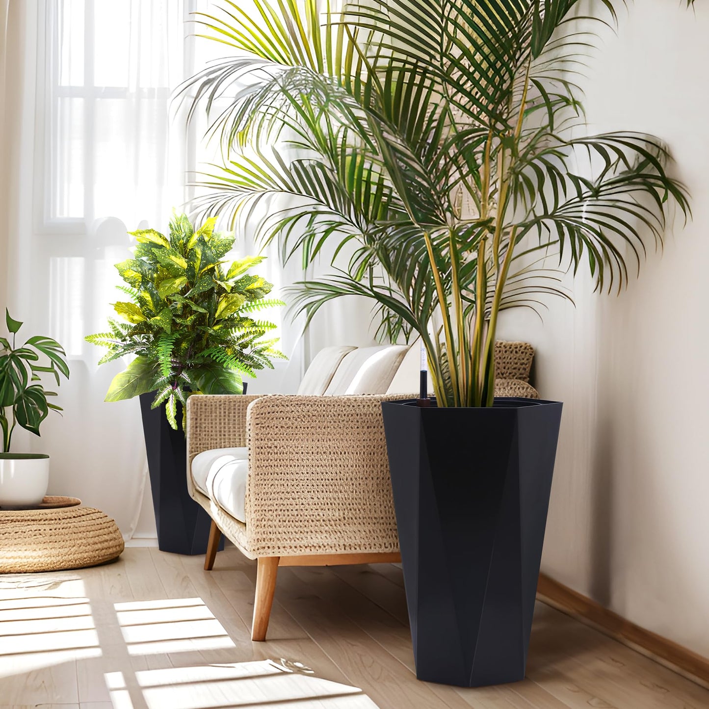 LuyFuitre Set of 2 Tall Planters for Outdoor Plants, 22.5 Inch Tall Planter Pots with Water Level Monitor, Wheels & Inner Bucket for Indoor Outdoor, Black