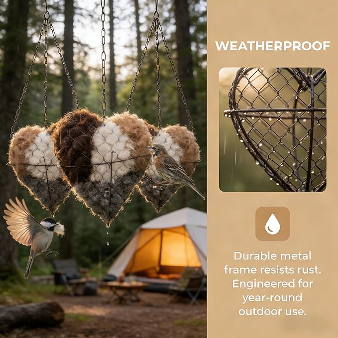 Handmade Alpaca Fiber Bird Nesting Heart with 6 Refill Bags, Reusable Nesting Material Accessory for Wild Birds, Outdoor Garden Decoration, Gift for Bird & Nature Lovers (3 Sets)