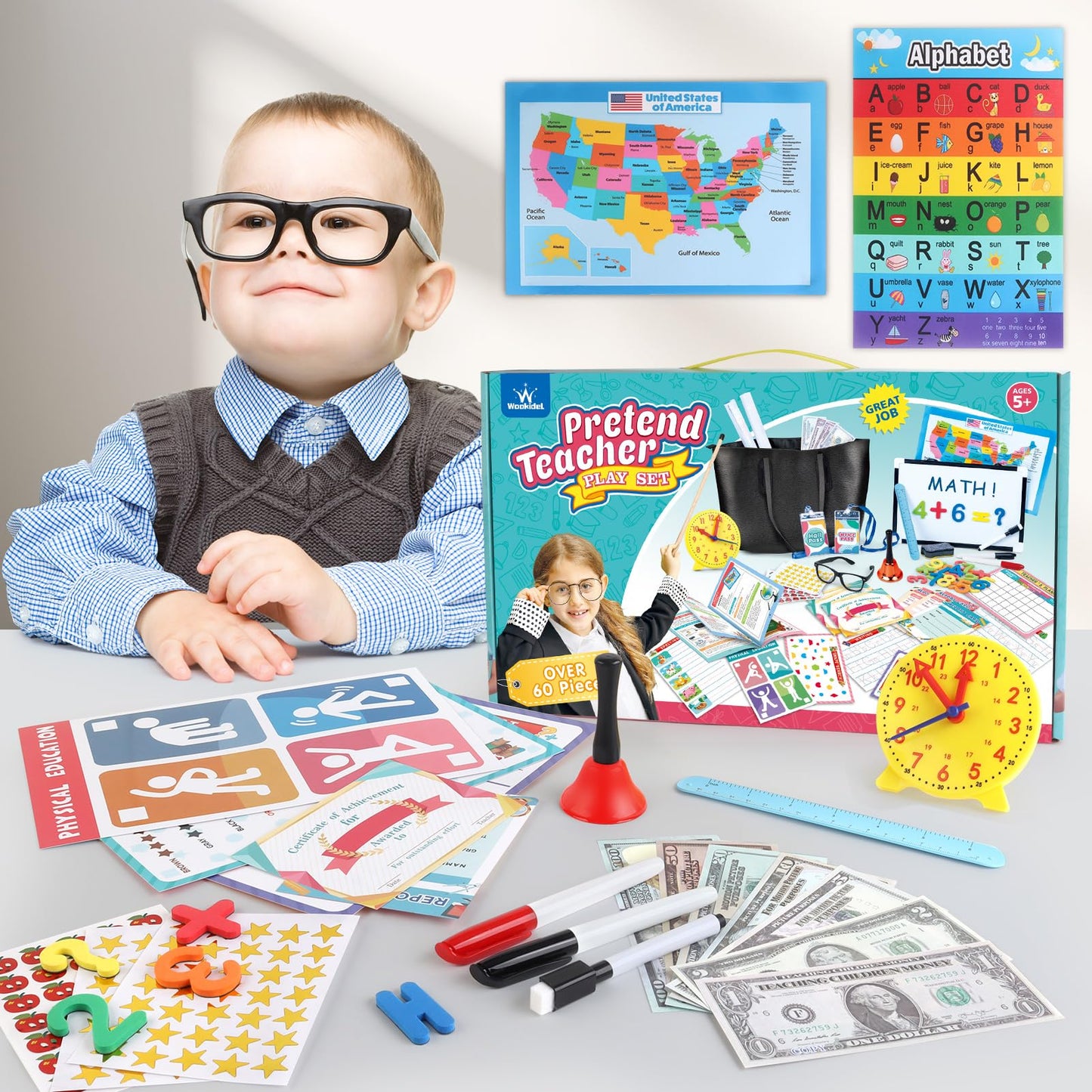 wookidel Pretend Play Teacher Set for Kids with Numbers, Bell, Whiteboard, Learning Clock Over 40 Pieces Included, Pretend Set Toys Gift for Kids Age 5 6 7 8