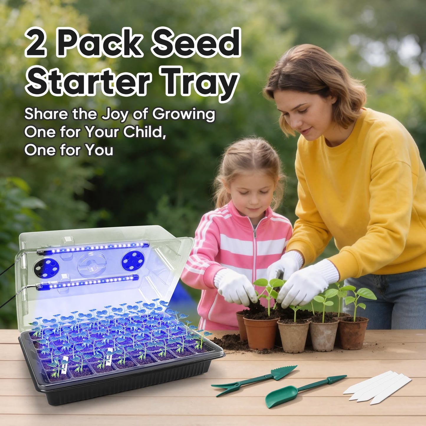 BlumWay Seed Starter Tray with Grow Light,2 Pack 80 Cells Seedling Tray Kit with Humidity Dome/Indoor Plant Starter Kit, Adjustable Brightness Plant Germination Trays-Black