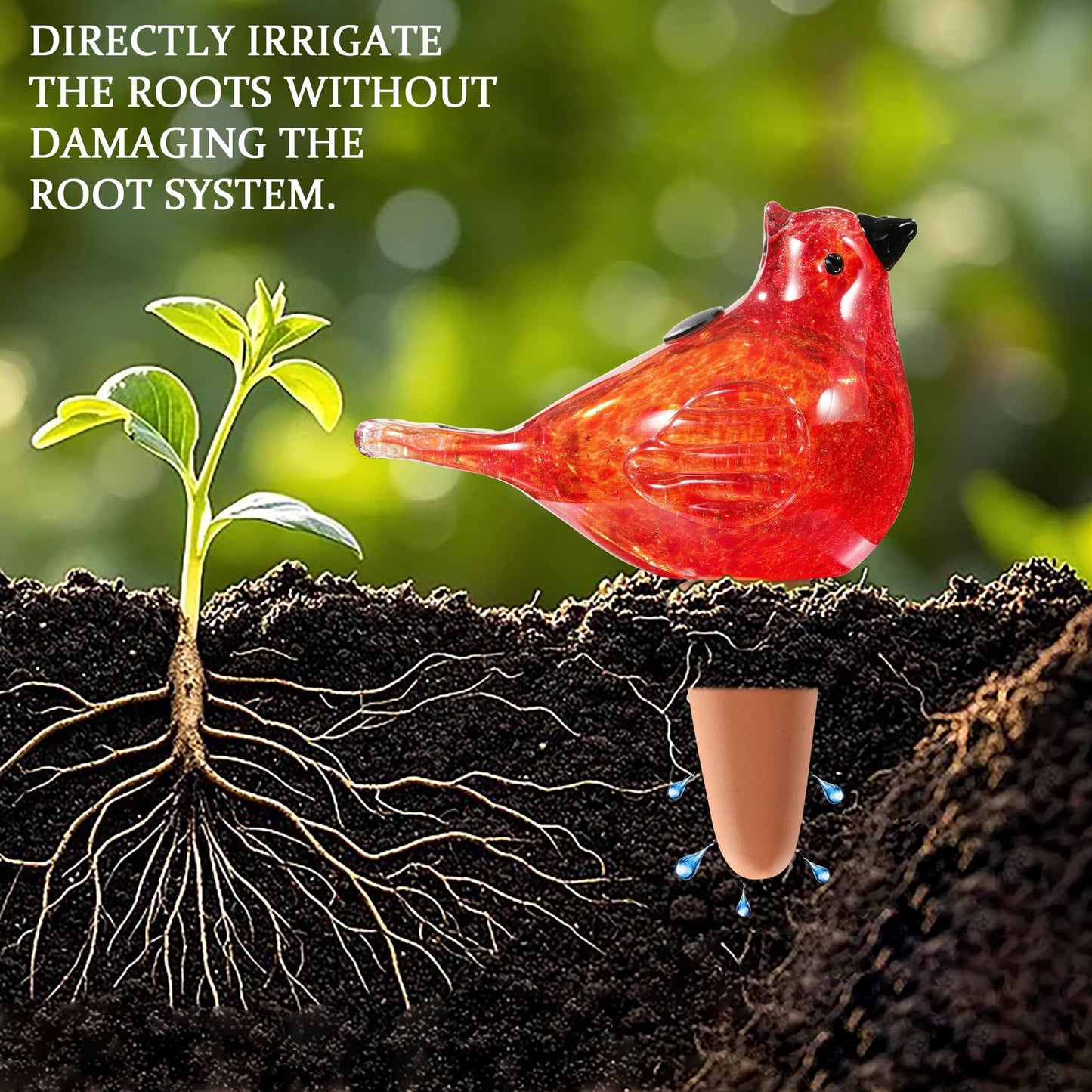 Plant Watering Globes, Bird Glass Self Watering Planter Insert - for Indoor & Outdoor Plants - Glass Plant Water Globes for Daily Use, Planter Spikes to Support Indoor & Outdoor Plant Health, Red