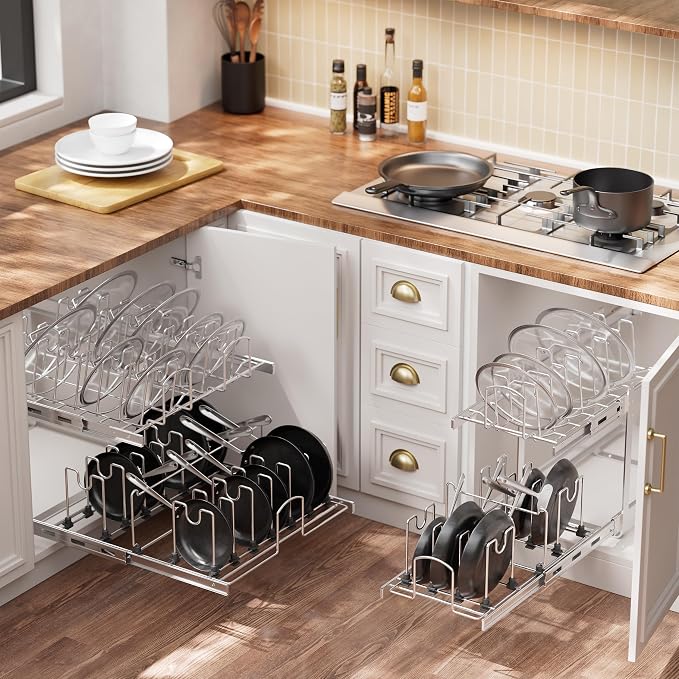 2-Tier Kitchen Pull out Cabinet Organizer for Pots, Pans, and Lid Cookware, Adjustable Heavy Duty Wire Pan and Pot Rack, Full-Extension Rail 15" W *22" D