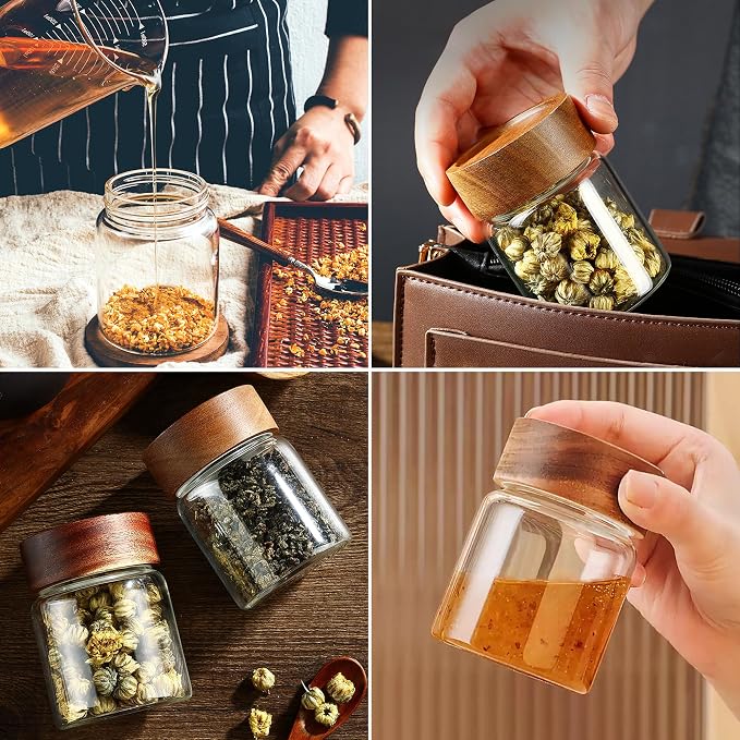 18 oz/550 ml Clear Glass Storage Canister with Airtight Wooden Lid, Small Overnight Oats Containers, Cute Decorative Salad Jar for Snacks Yogurt Spice Sugar Cereal Fruit Coffee Tea