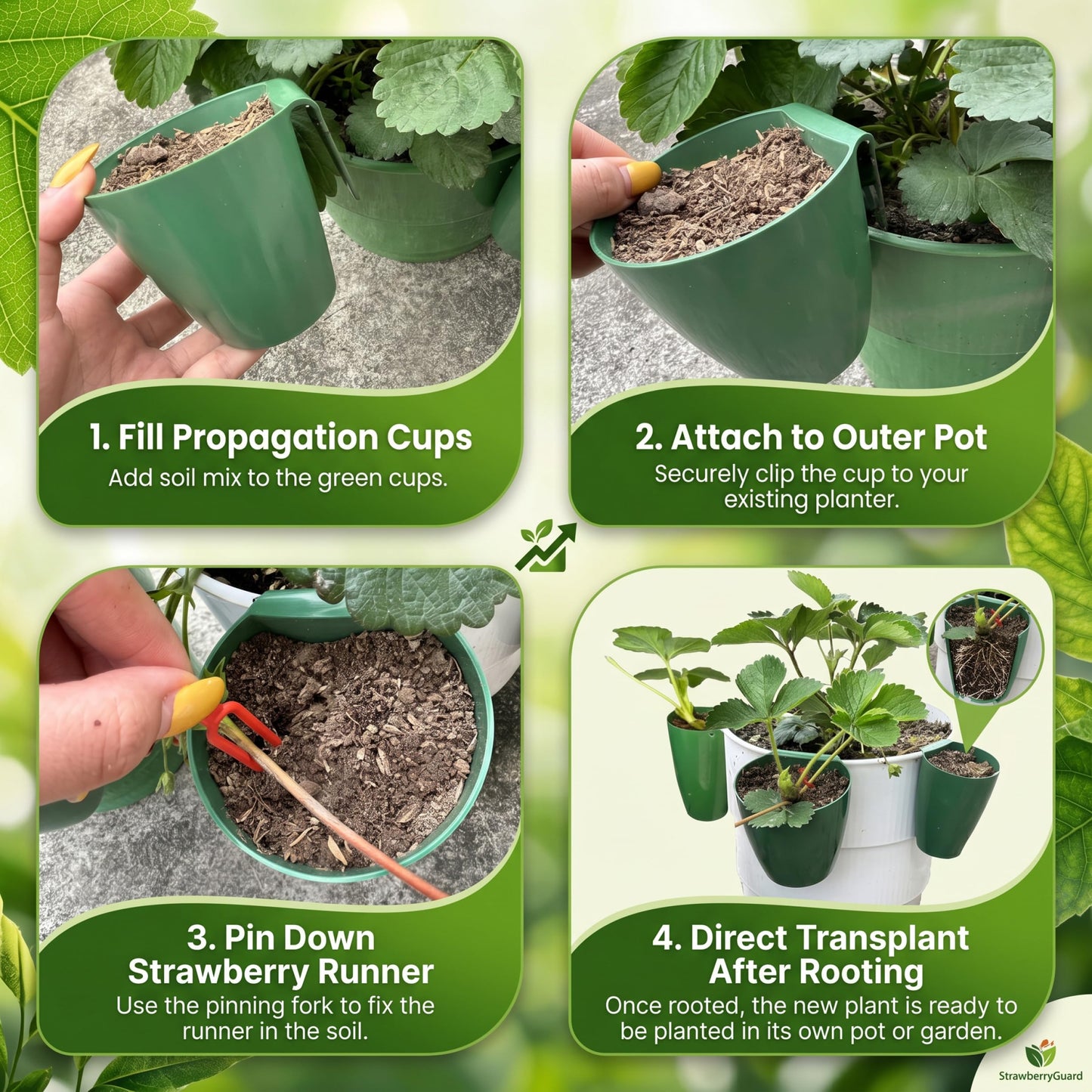 Ginwrek Strawberry Propagation Cups, 20 Pack Large Plastic Plant Cups with 50 Runner Forks Breathable Pots for Berry Plant Rooting, Space-Saving Hanging Design, S