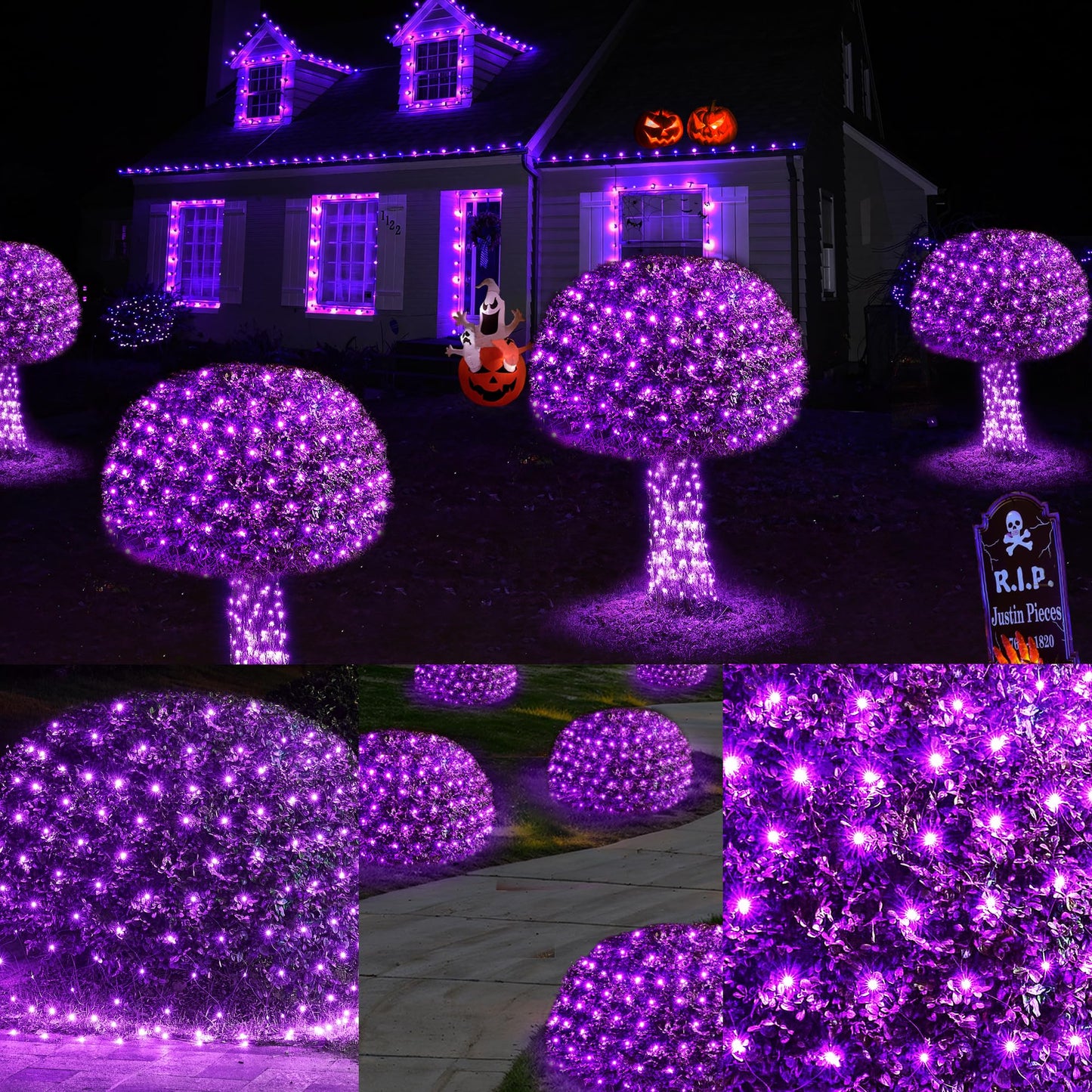WBao Halloween Lights Outdoor 360LED 11.5ft x 6.9ft Halloween Net Lights with 8 Modes, Timer, Connectable, Waterproof & Dark Green Wire for Lawn, Bushes, Shrubs Outdoor Holiday Decorations, Purple