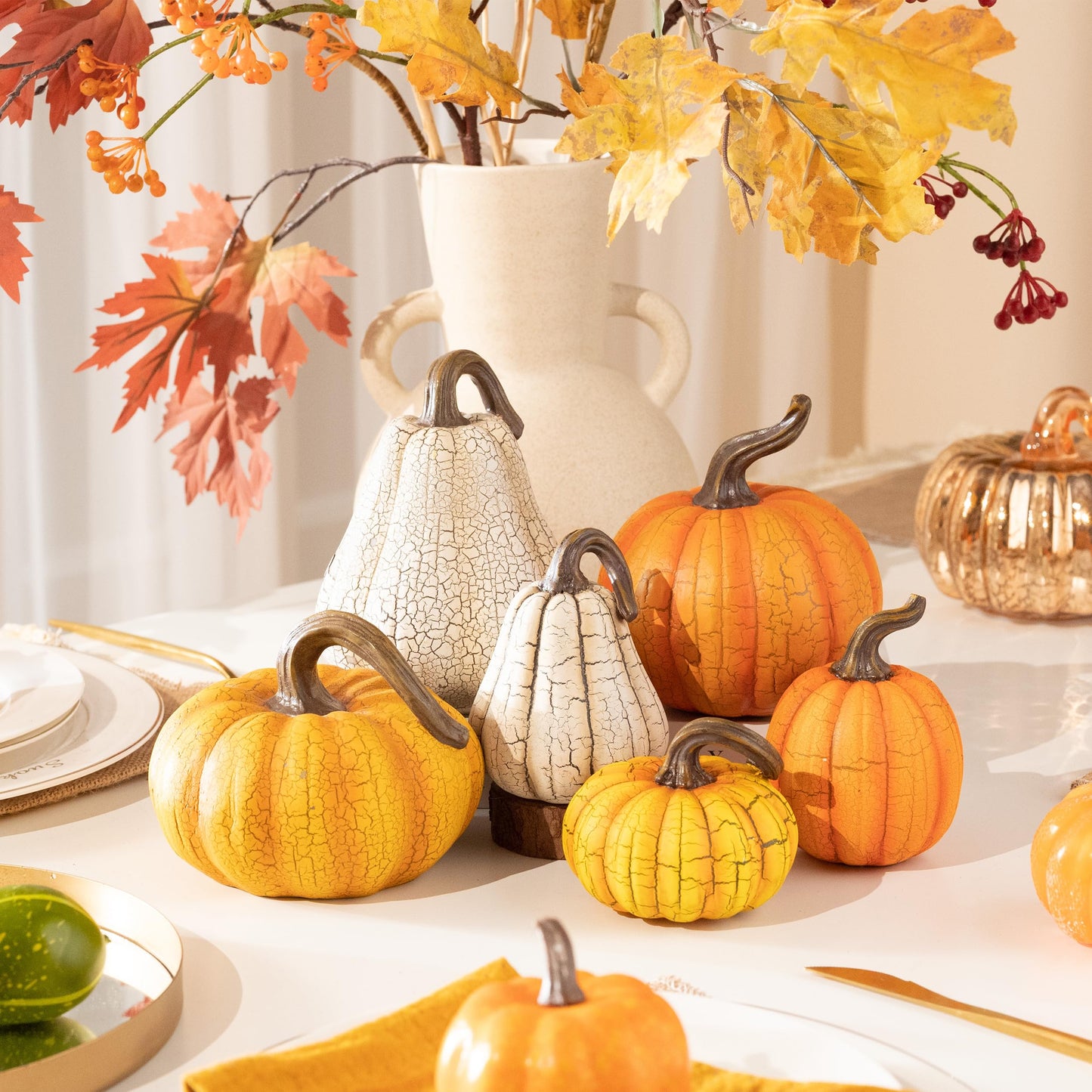 Valery Madelyn Fall Pumpkin Table Decor Cracked Pumpkin Figurine Fall Decoration for Home, 3pcs Resin Autumn Harvest Thanksgiving Halloween Party Tabletop Centerpieces, 6.7 inch