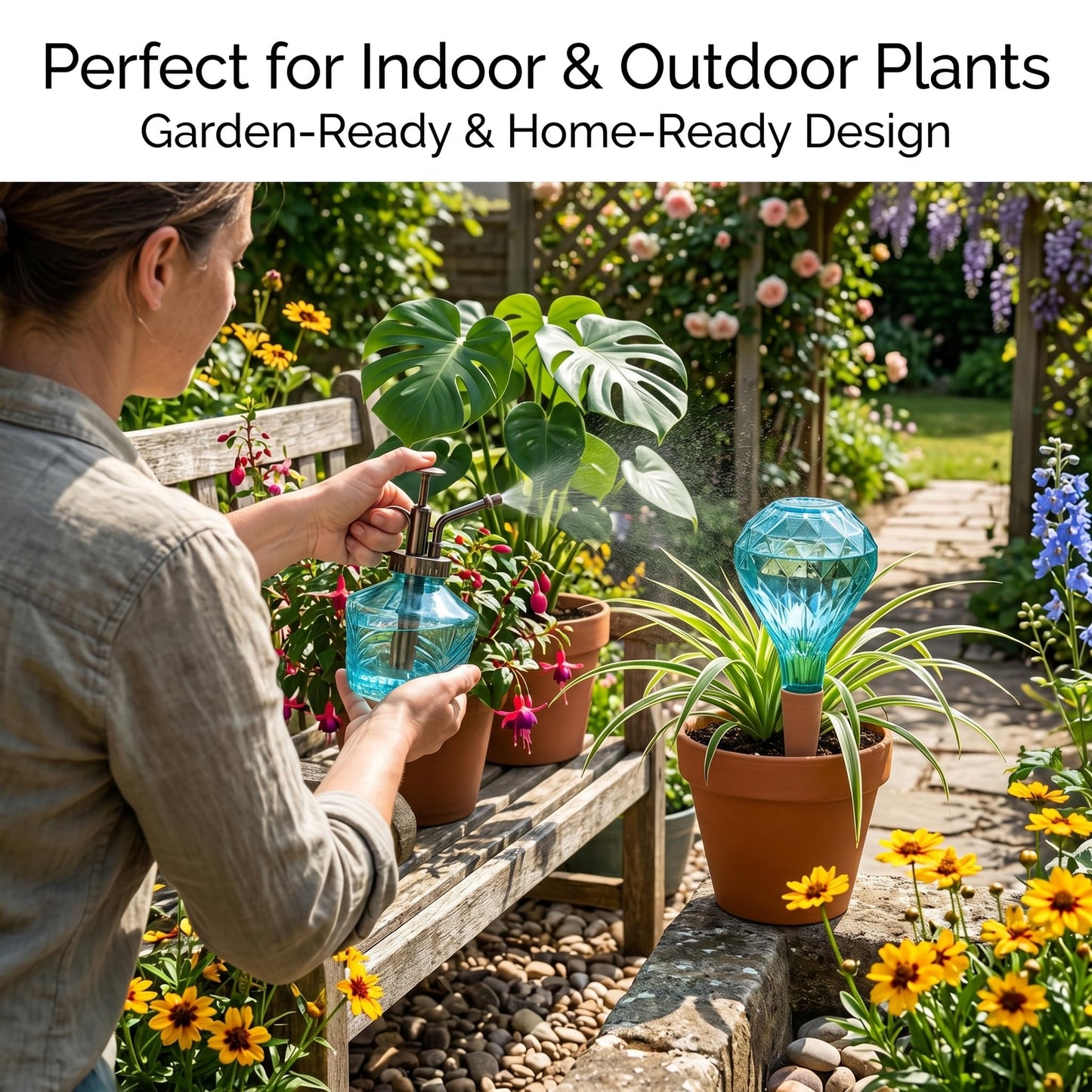 Topadorn Glass Plant Watering Set: Mini Mister Spray Bottle + Self-Watering Globe with Terracotta, Indoor Outdoor Plant Care Kit