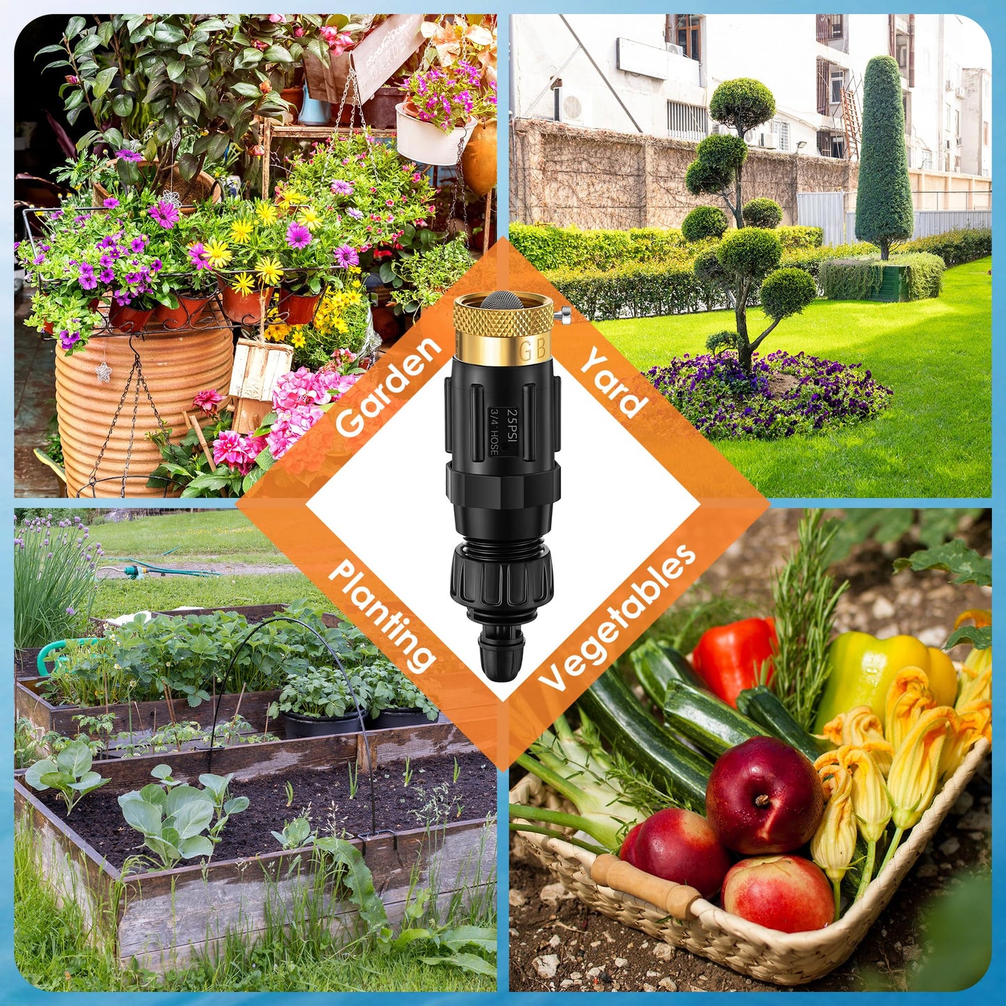 Gulfmew Drip Irrigation Faucet Adapter 25 PSI, 1/4" Tubing Quick Connect to 3/4" Garden Hose with Backflow Preventer, Filter, Plumbers Tape, Pressure Regulator, Copper Drip Irrigation System Fittings