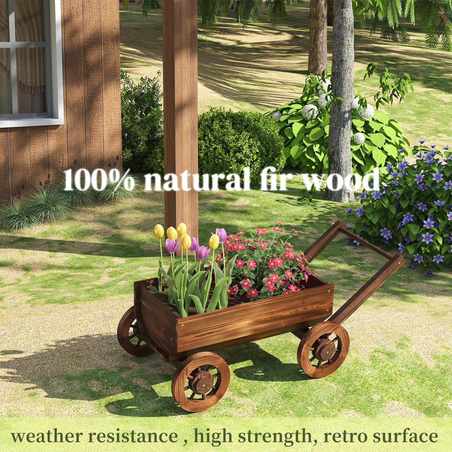 PULIJIAJU Wooden Wagon Garden Planter Cart with Wheels Rustic Flower Pot – Indoor Outdoor Patio Backyard Balcony Decor for Flowers and Plants(Large