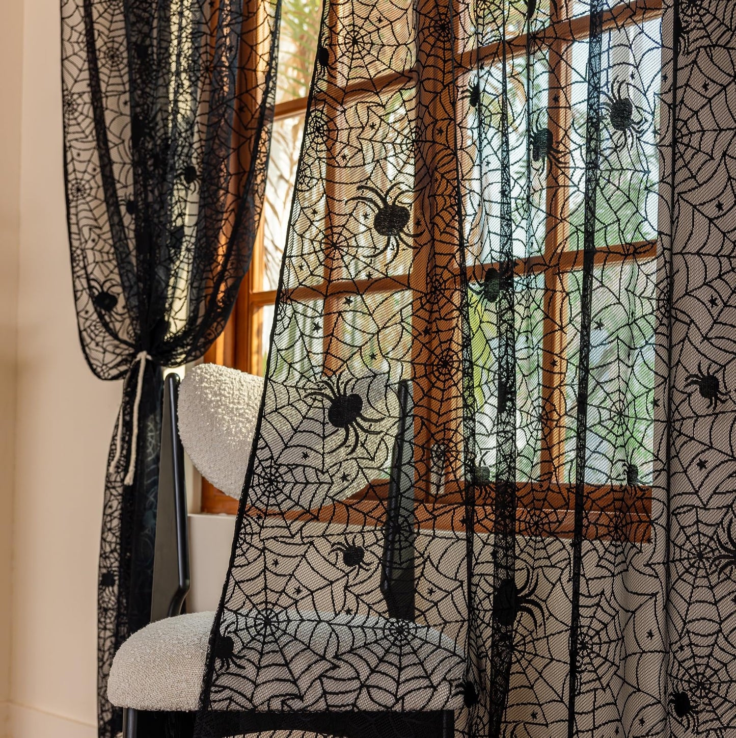 YJ YANJUN Halloween Curtains for Living Room 72 inch Long Goth Black Sheer Curtains 2 Panels Spooky Spiderwebs Halloween Decoration for Party Supplies Garage Door 55Wx72L Inch