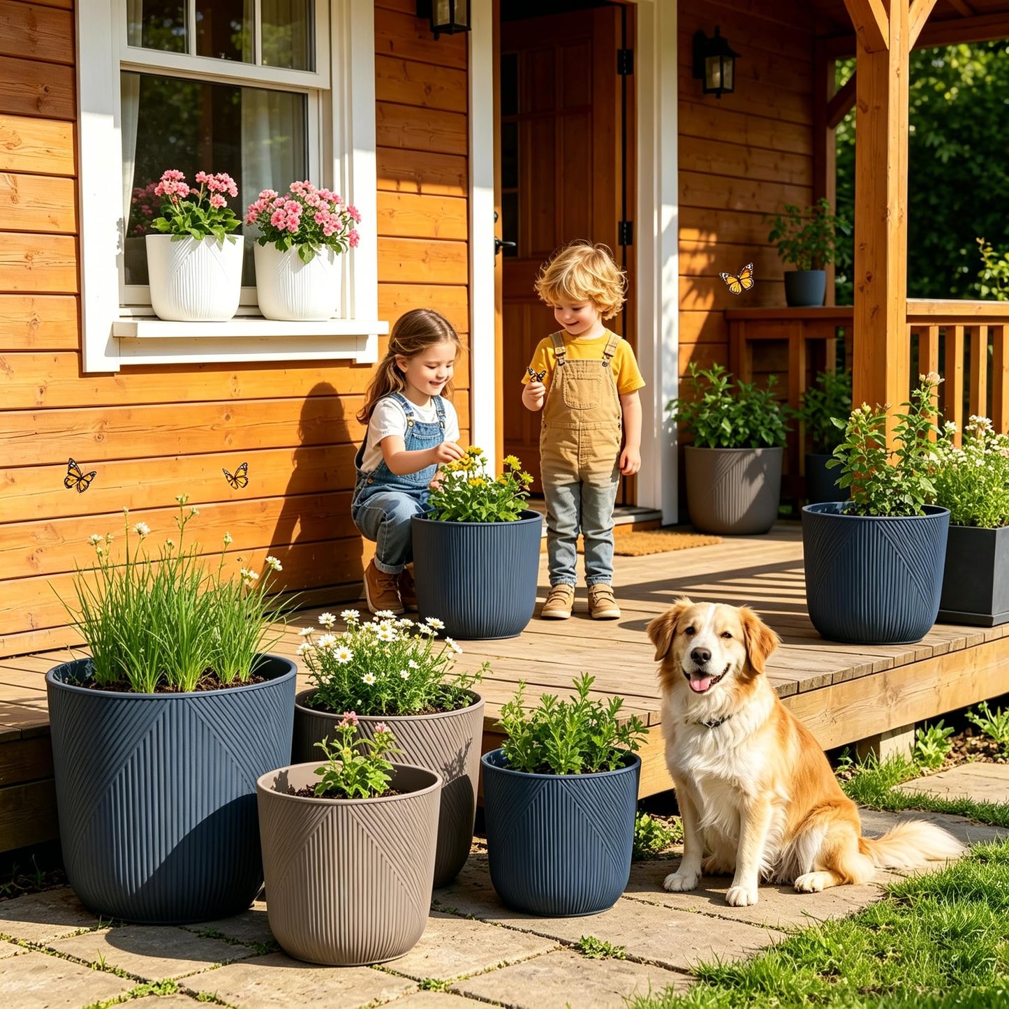 Dexceder 10x9 Striped Table Flower Plant Pot with Drainage Hole & Removable Plug (2 Pack, Deep Gray)