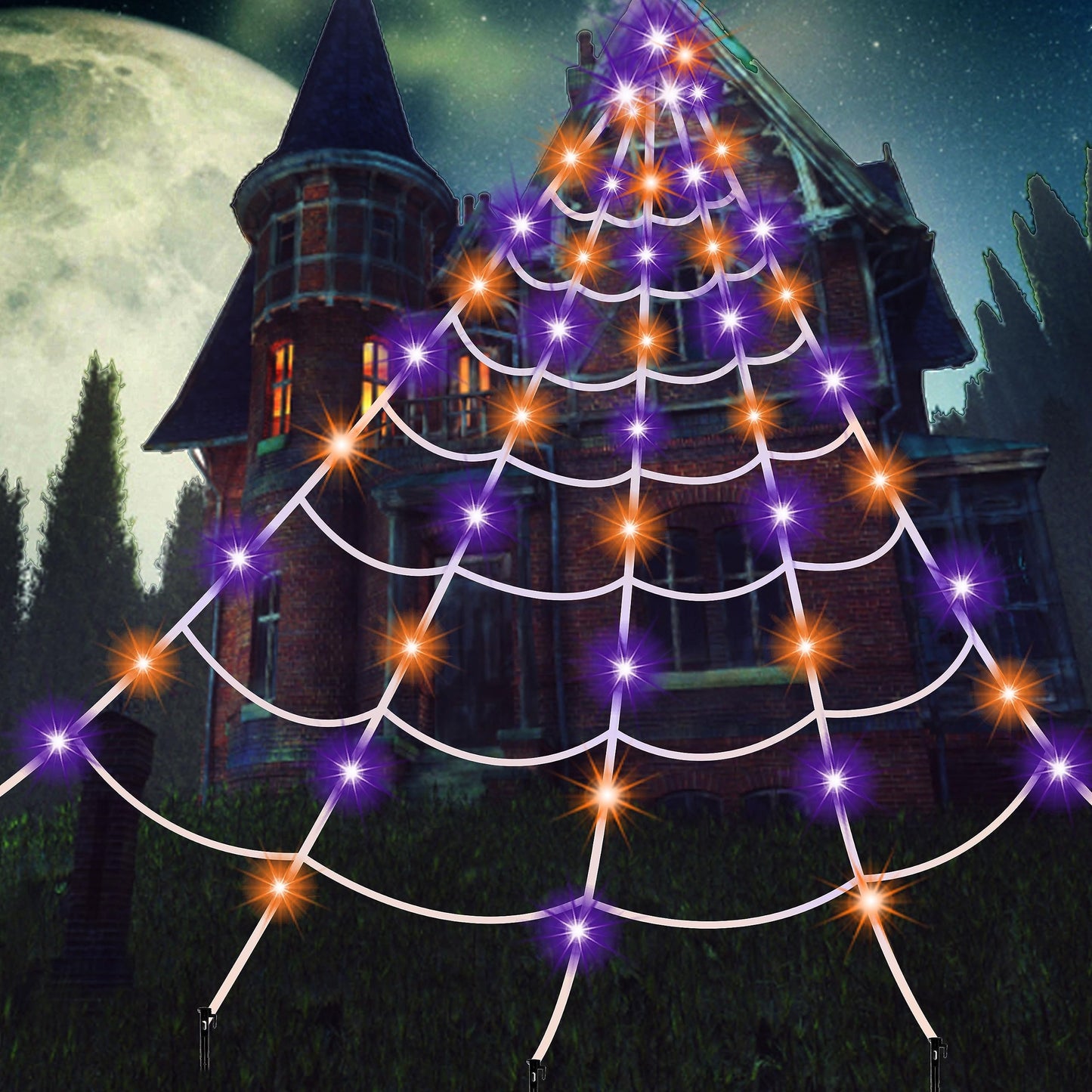 Joliyoou Halloween Decorations Outdoor, 200 LED Giant Spider Web Lights, 19.7ft x 16.4ft Spiderweb with Orange and Purple Lights, 8 Modes Remote Controlled Cobweb for Spooky Party Decor