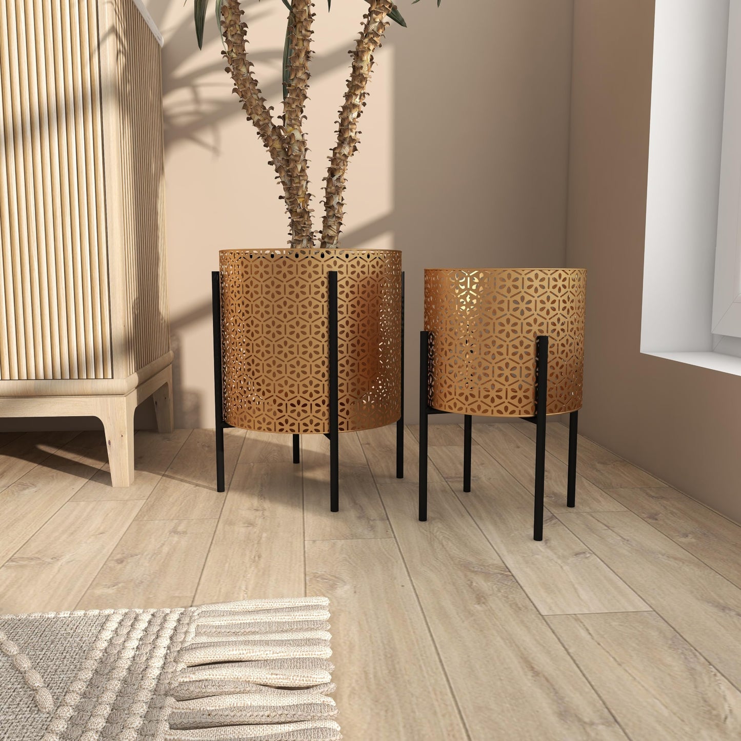 CosmoLiving by Cosmopolitan Metal Indoor Outdoor Planter Floral Cutout Small Planter Pot with Removable Stand, Set of 2 Planters 15", 14"H, Gold