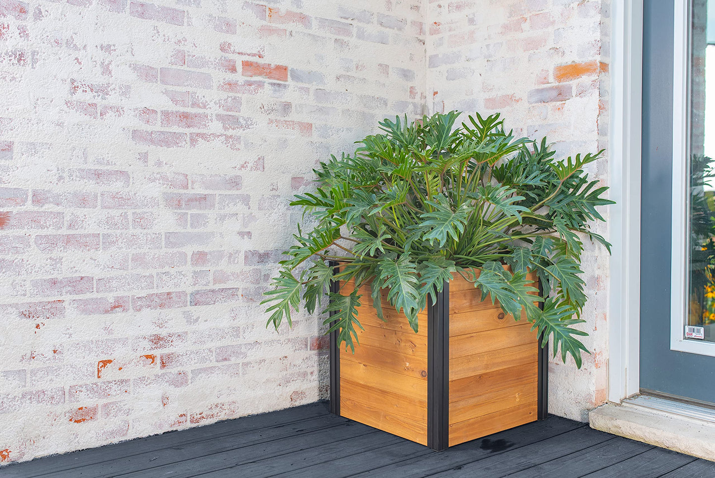 Vita Mezza 22 inch Square Cedar Wood Cube Planter, Golden Brown, Black Aluminum Posts, FSC, Pre-Stained, Insect and Pest Rrepellant, VT17711