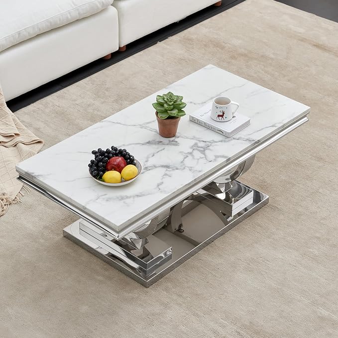 2 Piece Living Room Table Set Include 1 Faux Marble Coffee Table & 1 Console Table, Modern White Silver Coffee Table Set of 2 with Double O Shape Stainless Steel Pedestal Base