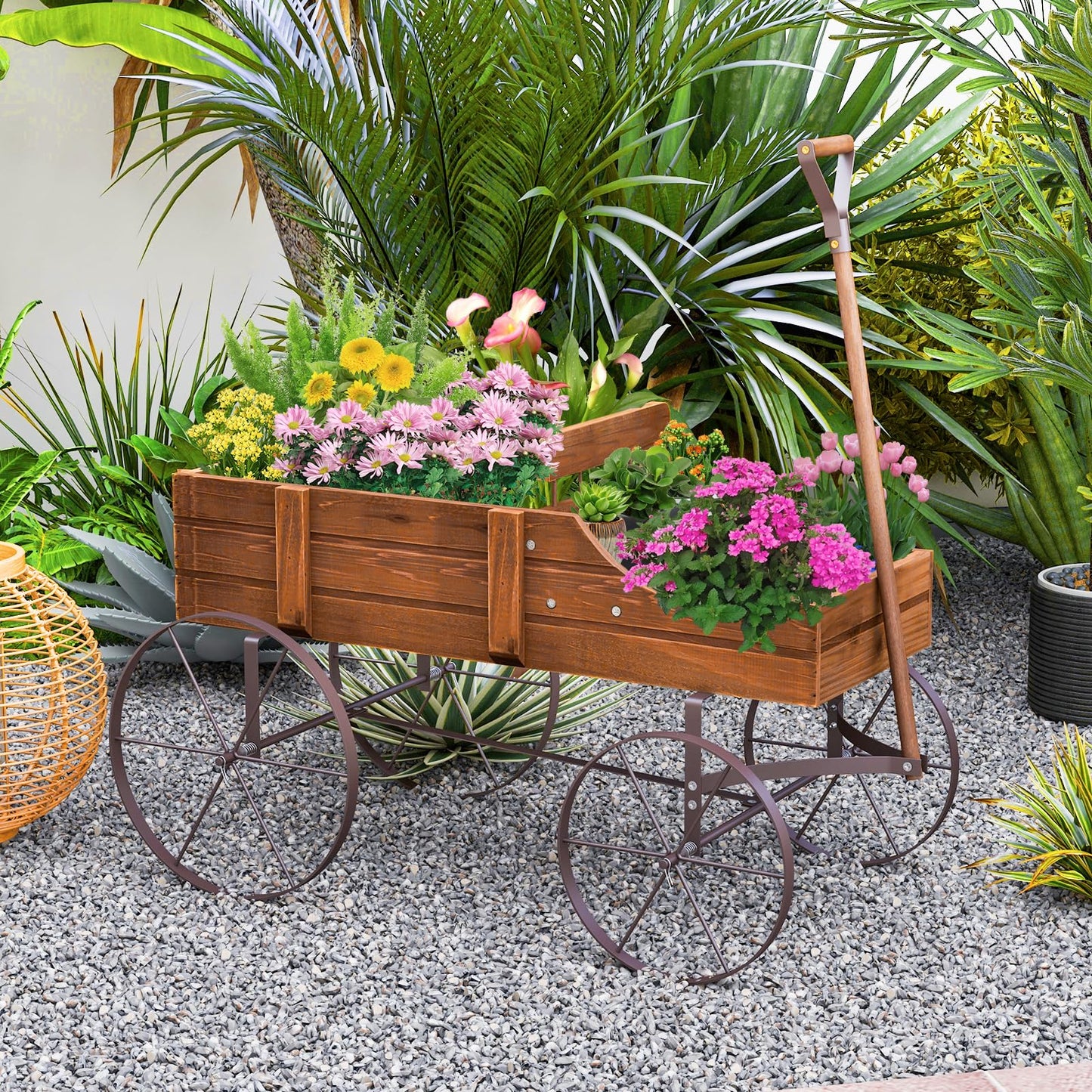 FIREFLOWERY Wooden Wagon Planter, Decorative Flower Pots w/ 2 Planting Sections, Wheels & Handle, Rustic Farmhouse Garden Planter Box for Patio, Yard, Porch (Walnut)