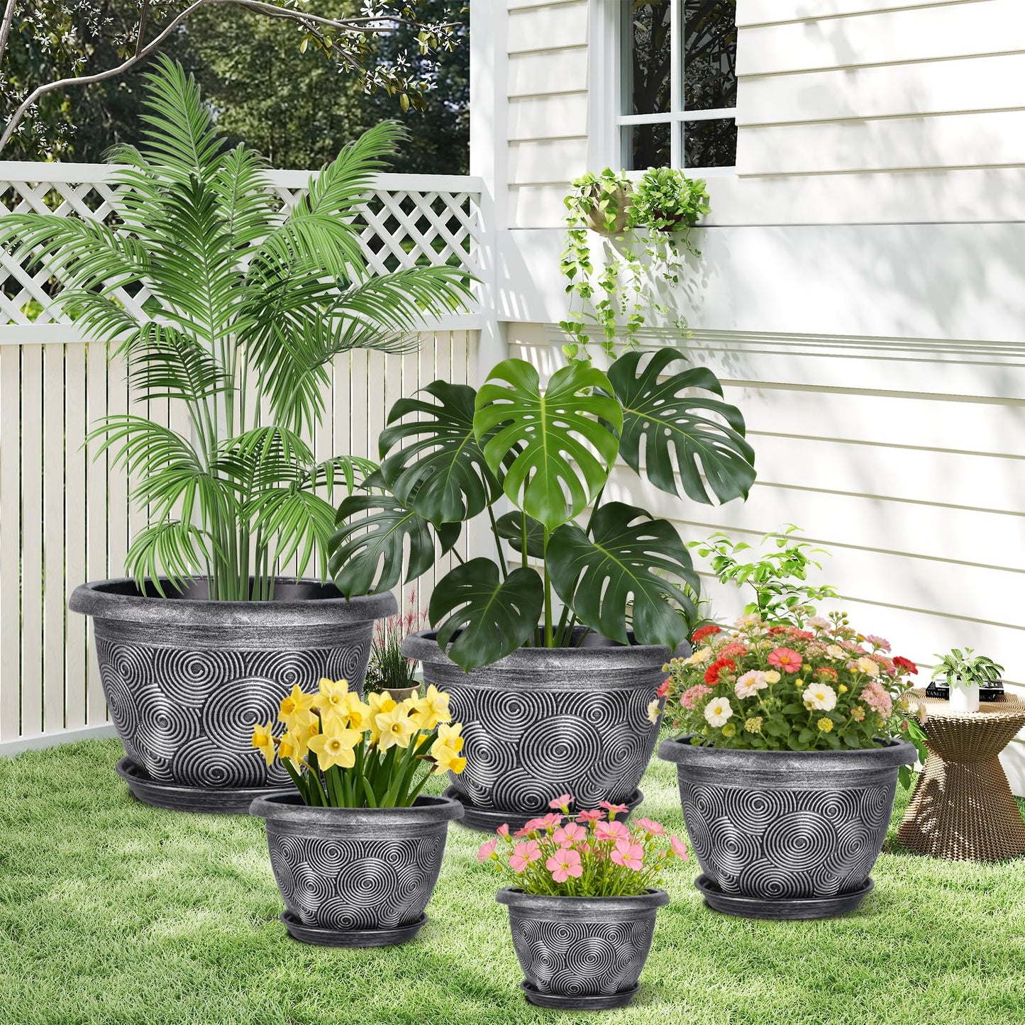 10-Inch -Plastic-Pots -For-Plant With Saucer, 4 Pack Outdoor Planters With Drainage Holes, Decorative Flower Pots For Indoor Plants, Modern 3D Swirl Silver Plant Pots With With Removable Tray