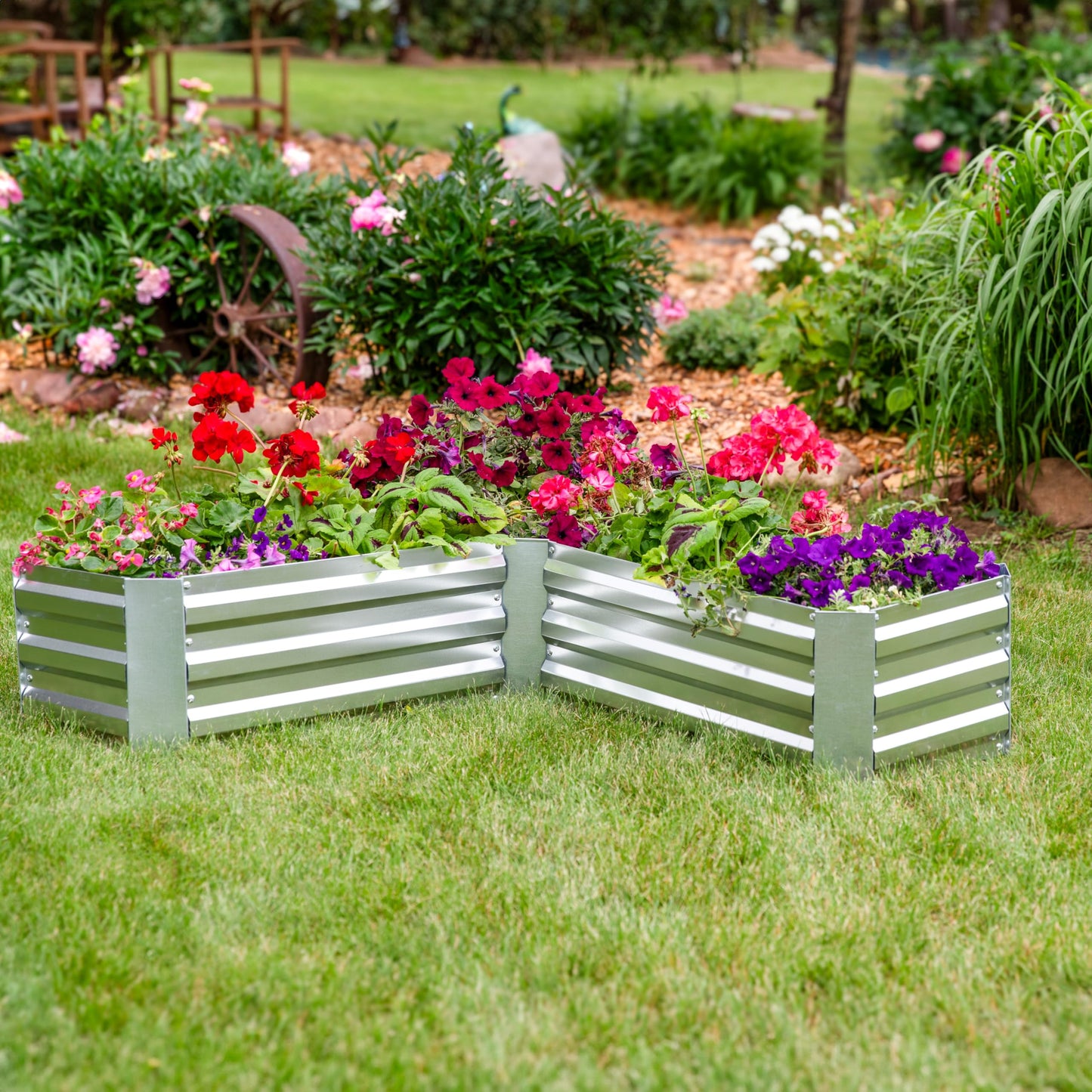 Sunnydaze Galvanized Raised Garden Bed - Outdoor Planter Box for Backyard or Patio - Steel Metal Raised Bed for Gardening Vegetables, Flowers, Herbs - 47 x 47 x 12 in - Silver - L-Shaped