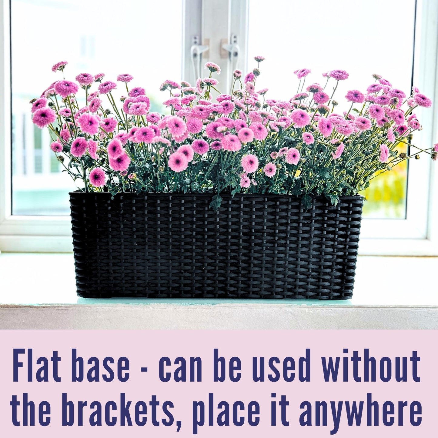 LaLaGreen Outdoor Rail Planter for Balcony (20 Inch, 2 Pack) Large Black Self Watering Deck Railings Planters with Brackets, Rectangular Plastic Fence Flower Box Designer Choice with Rattan Pattern