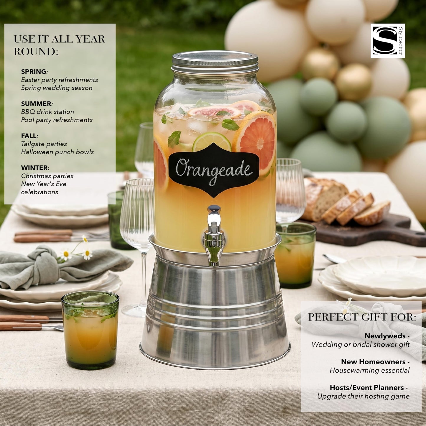 Style Setter Bristol Beverage Dispenser with Blackboard and Ice Bucket Stand Cold Drink Wine Juice with 1 Gallon Capacity Glass Jug and Leak-Proof Acrylic Spigot Great for Parties, Weddings and More