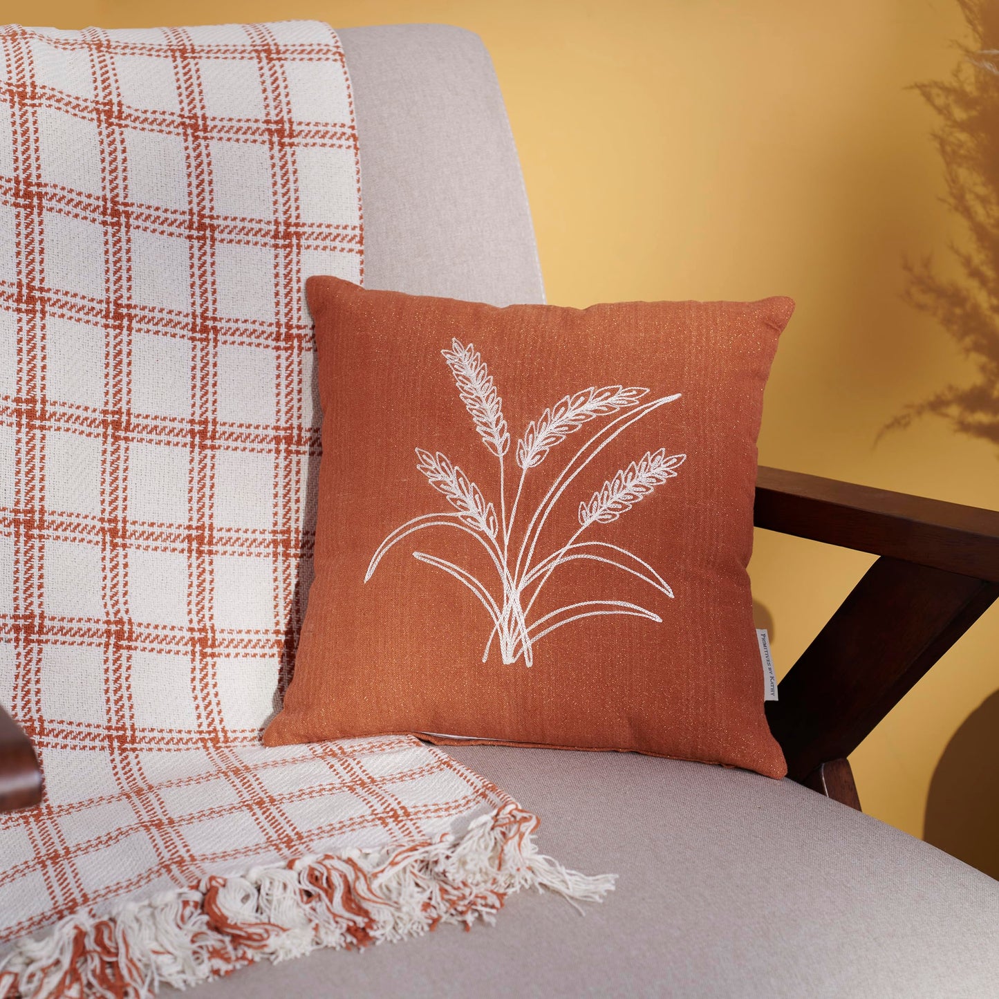 Primitives by Kathy Decorative Throw Pillow, Removable Zipper Cover, 16x16 Orange Pillow wth Harvest Wheat Stalk Design, Textured Chain Stitching, Seasonal Fall Accent for Home Office Dorm Gifting