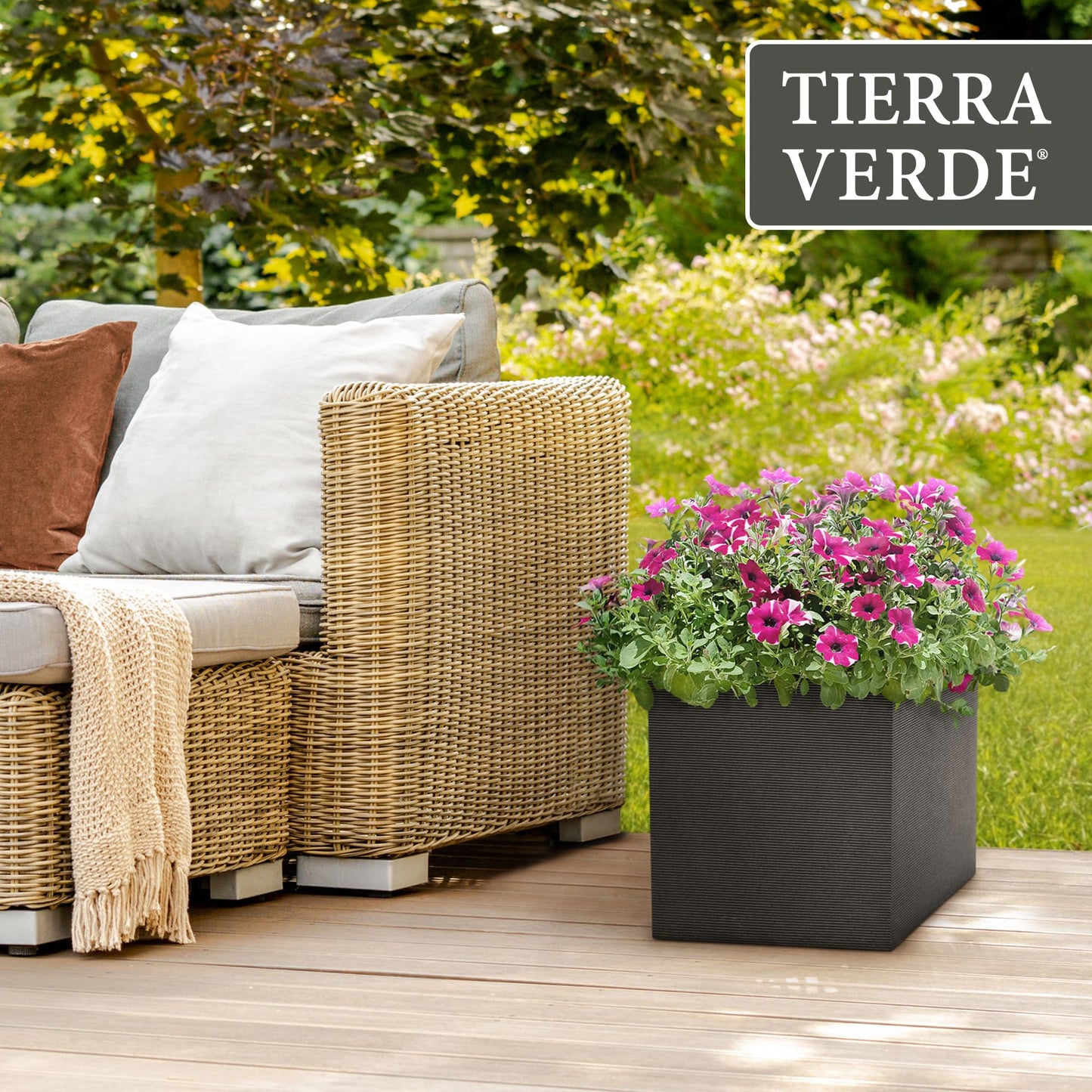 Tierra Verde Indoor & Outdoor Self-Watering Square Planter, Citadel Horizon, 13.5" x 14", Black - Planting Containers for Plants and Flowers - Gardening and Landscaping Accessories