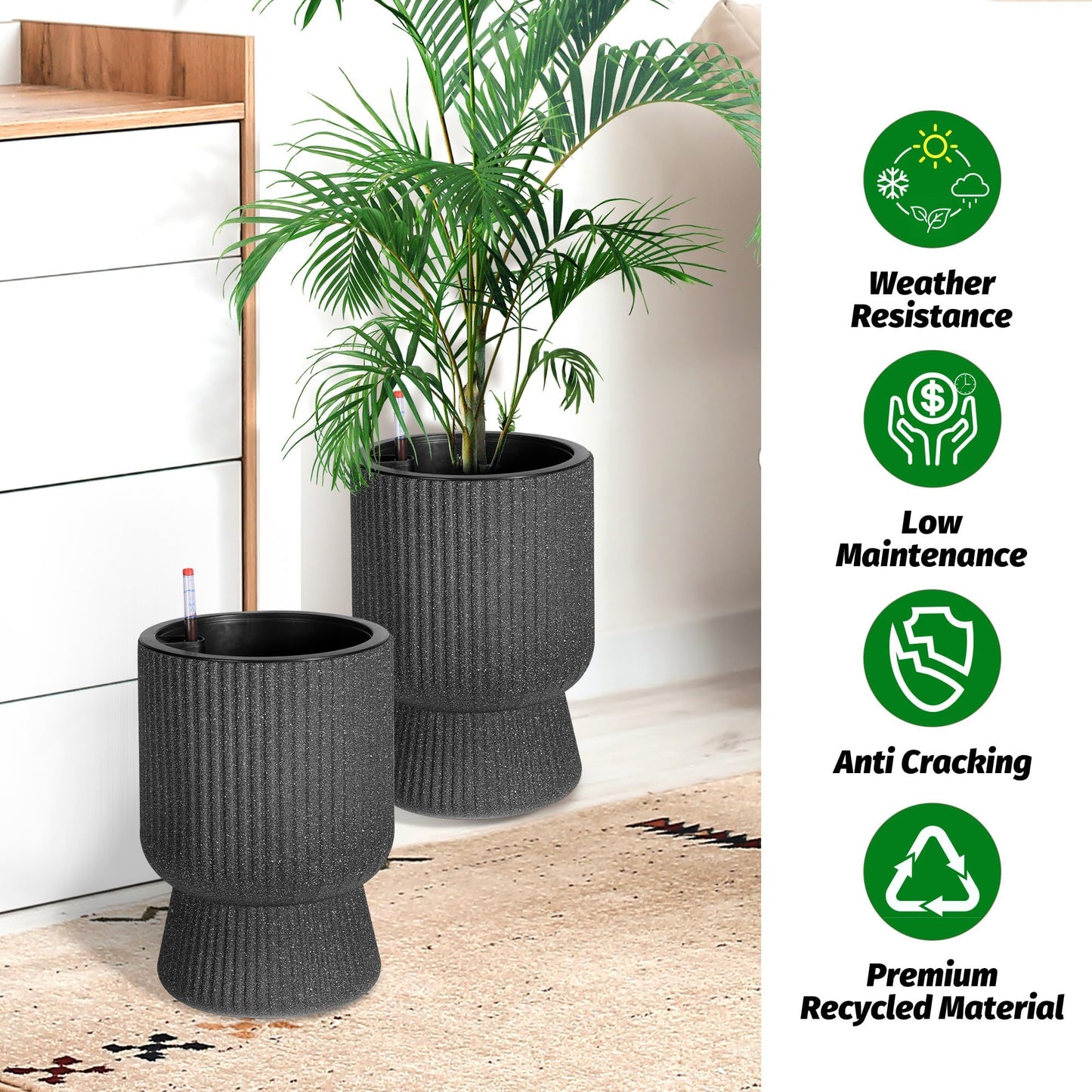 CABIHOME 14.2" Tall Planters, 2packs-Large Planter for Outdoor Plants, Flower Pots with Water Level Monitor, for Patio, Porch, Living Room, Home Office, for Outdoor & Indoor Plants, Classic Black