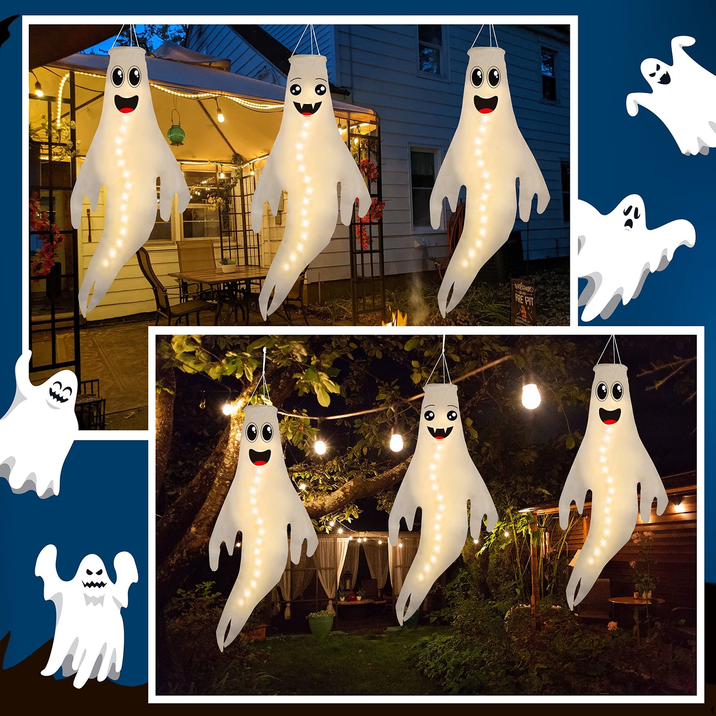3PCS 43 Inch Halloween Lighted Hanging Ghost Windsocks Hanging Decorations for Tree, Fall LED Flag Wind Socks for Home Yard Outdoor Autumn Decor Party Supplies (Batteries Not Included,No Timer)
