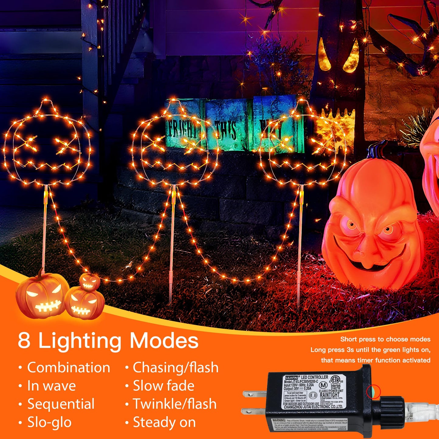 YOUNGAR Halloween Pumpkins Outdoor Lights,3 Pack LED Pumpkin Walkway Lights,Orange Garden Stake String Lights with Timer Memory and 8 Modes for Halloween Party Porch Yard Pathway Decor