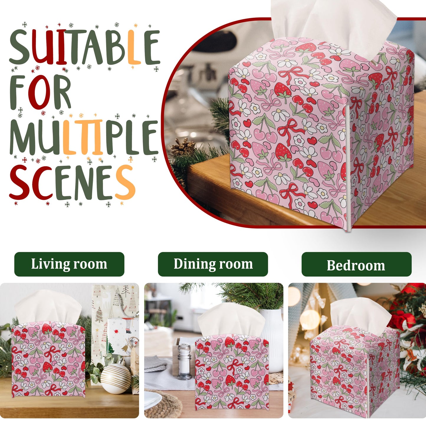 Modern Square Leather Tissue Box Cover/Case Holder Gifts for Women Family and Friends, Decorative Holder/Organizer for Bathroom Kitchen Nightstand Office Home (Red Bow Strawberry)