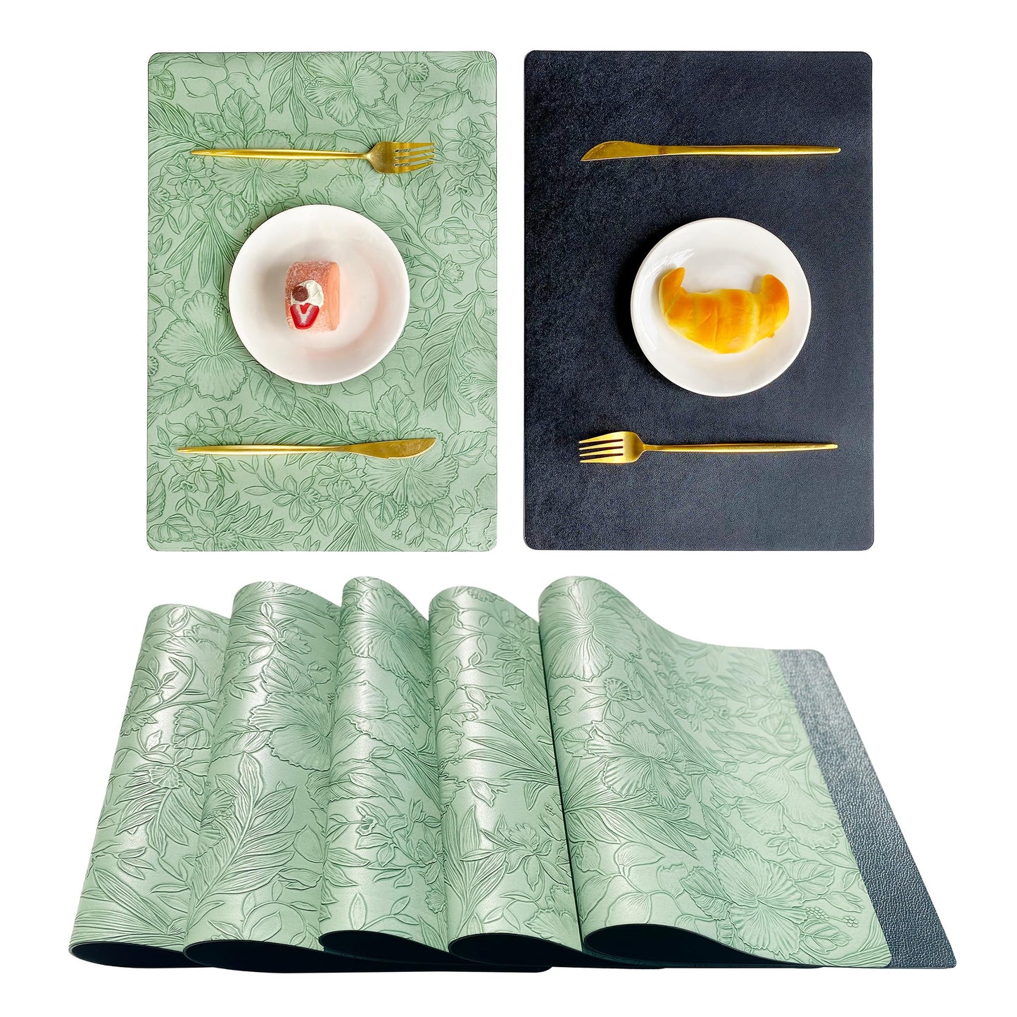 Double-Sided Reversible Placemats Set of 4, Heat Stain Non-Slip Waterproof Oil-Proof Washable Wipeable Table Mats Outdoor Indoor for Dining Patio Table Kitchen Decor (Green)