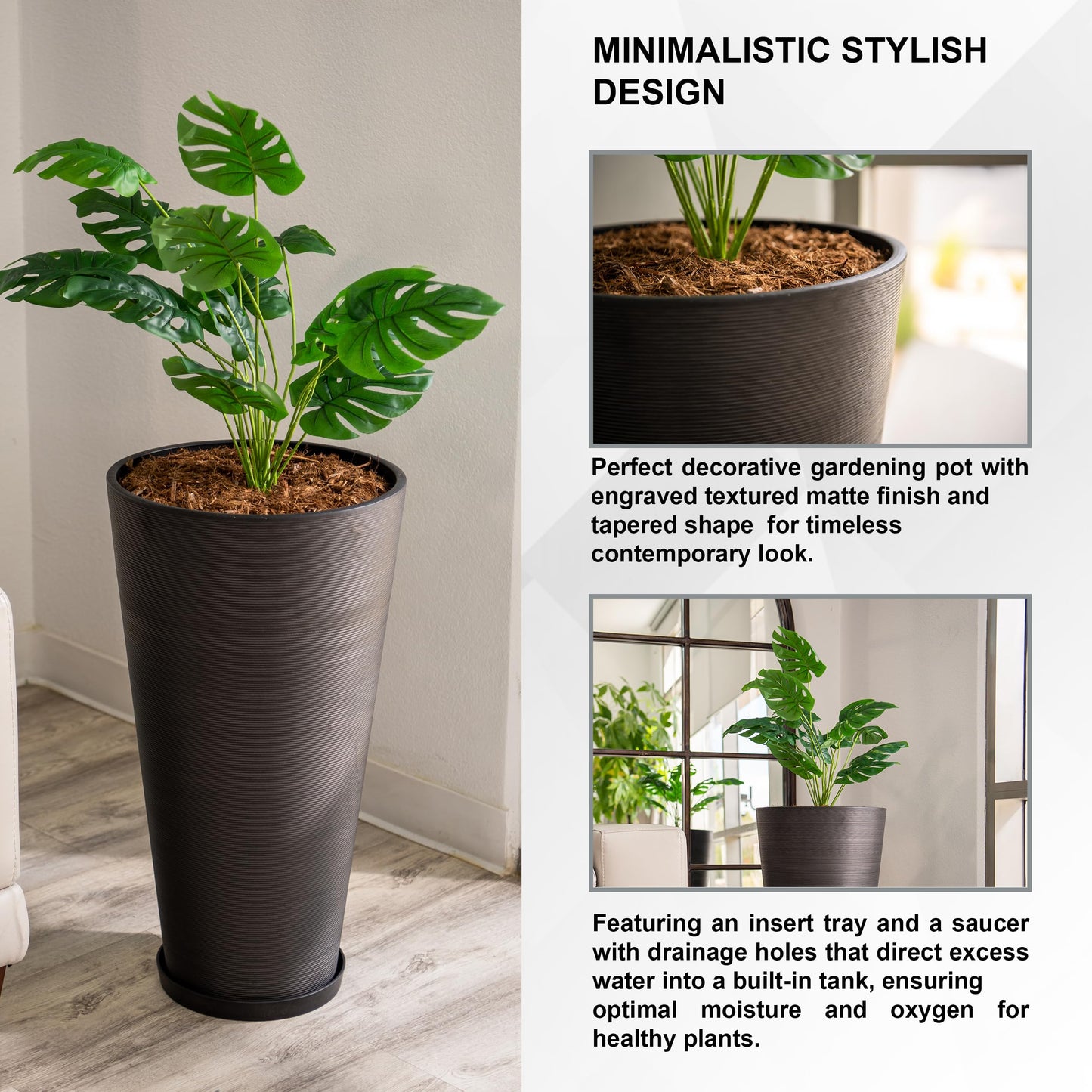 XBrand Modern 28-Inch Tall Round Planter, Modern Tapered Planter Perfect for Indoor & Outdoor Planter, Patio Décor, Set of 2, Black