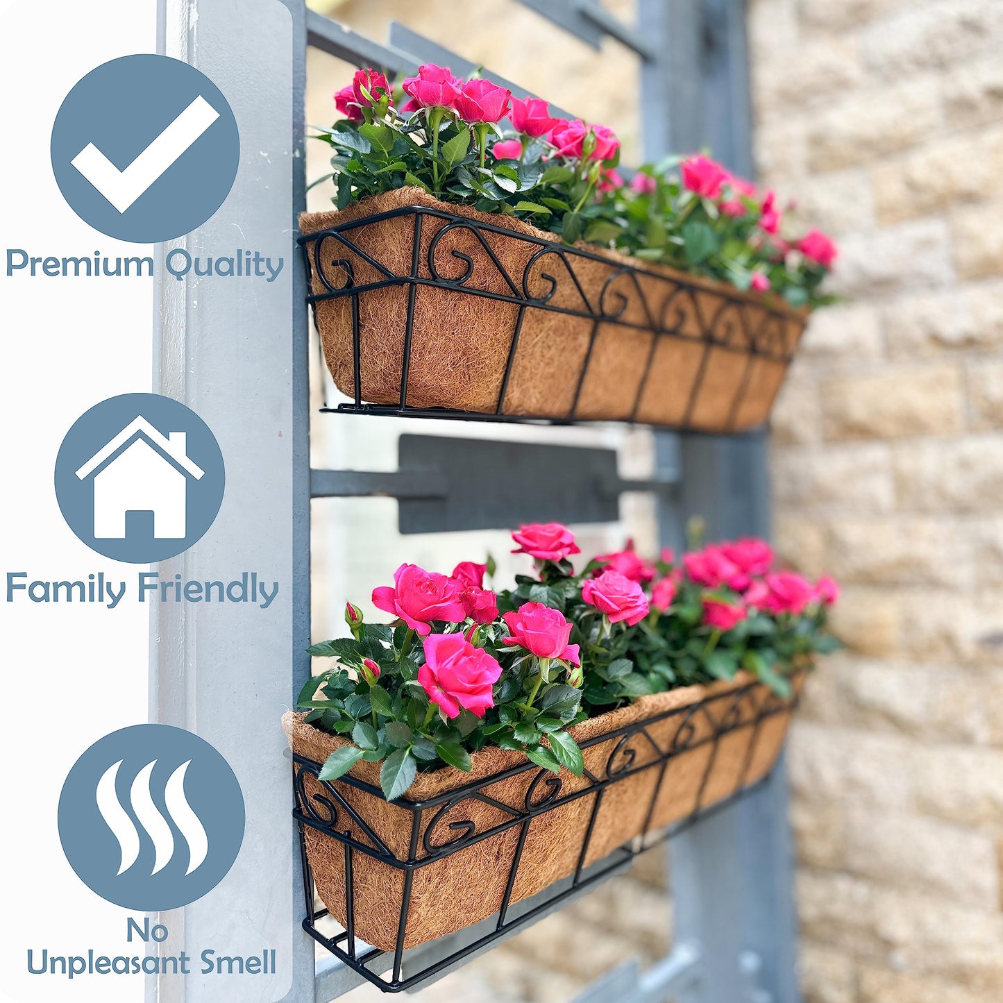 LaLaGreen Bundle (2 Pack, 24 Inch White + 2 Pack, 24 Inch Black) Window Flower Boxes with Coco Liner, Wall Mounted Planters Balcony Deck Railing Over The Rail Metal Horse Troughs Fence Patio Porch