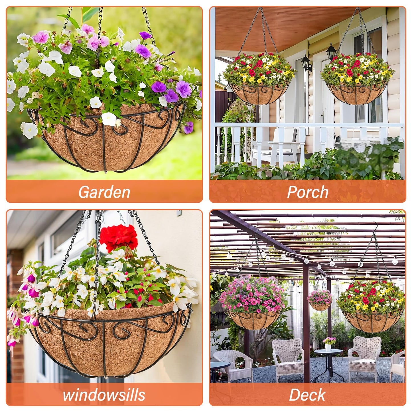 Legigo 3 Pack 10 Inch Metal Hanging Baskets for Plants Outdoor- Round Wire Hanging Planters Basket with Coconut Coir Liner, Hanging Flower Pot for Outdoor Plants Flowers Garden Decorations