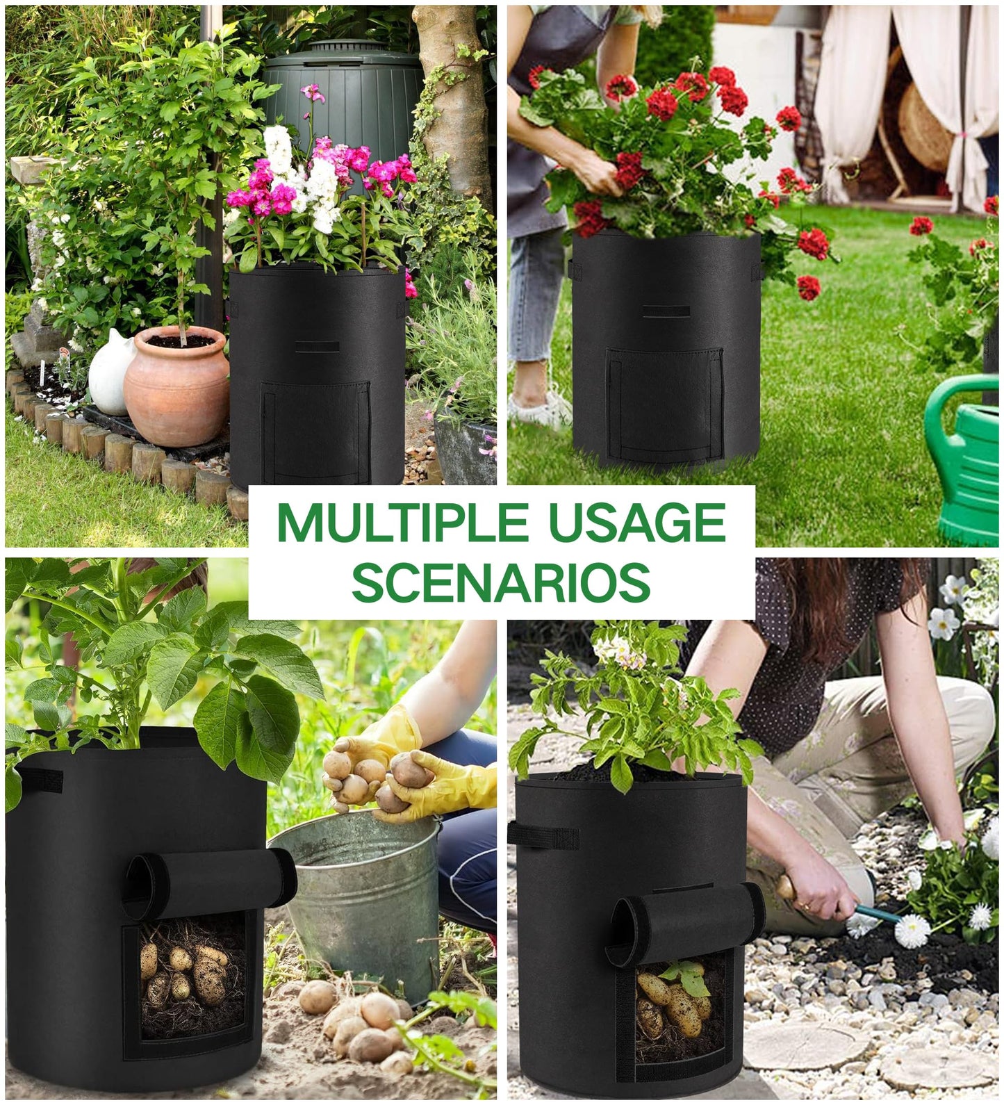 Moyios 6-Pack 10 Gallon Potato Grow Bags – Durable Nonwoven Fabric Planters with Reinforced Handles | Reusable Garden Containers for Potatoes, Vegetables (Black, 10 Gallons/6 Pack)