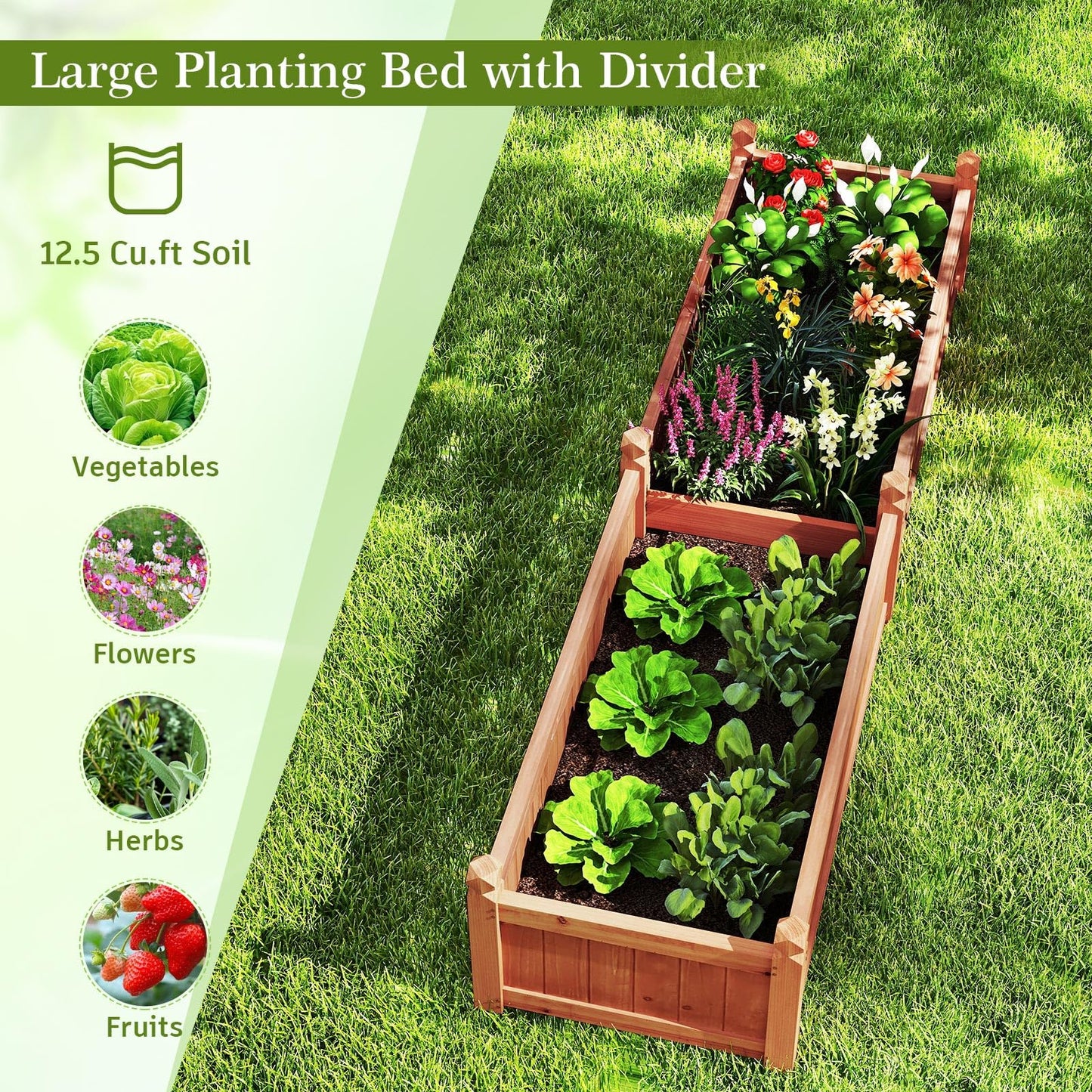 HAPPYGRILL Raised Garden Bed, Wood Elevated Flower Box with 8 Drain Holes, Liner, for Flowers, Vegetables, Herbs, Fruits, Outdoor Planter Box for Backyard, Garden, Lawn, 89" x 23.5" x 16"