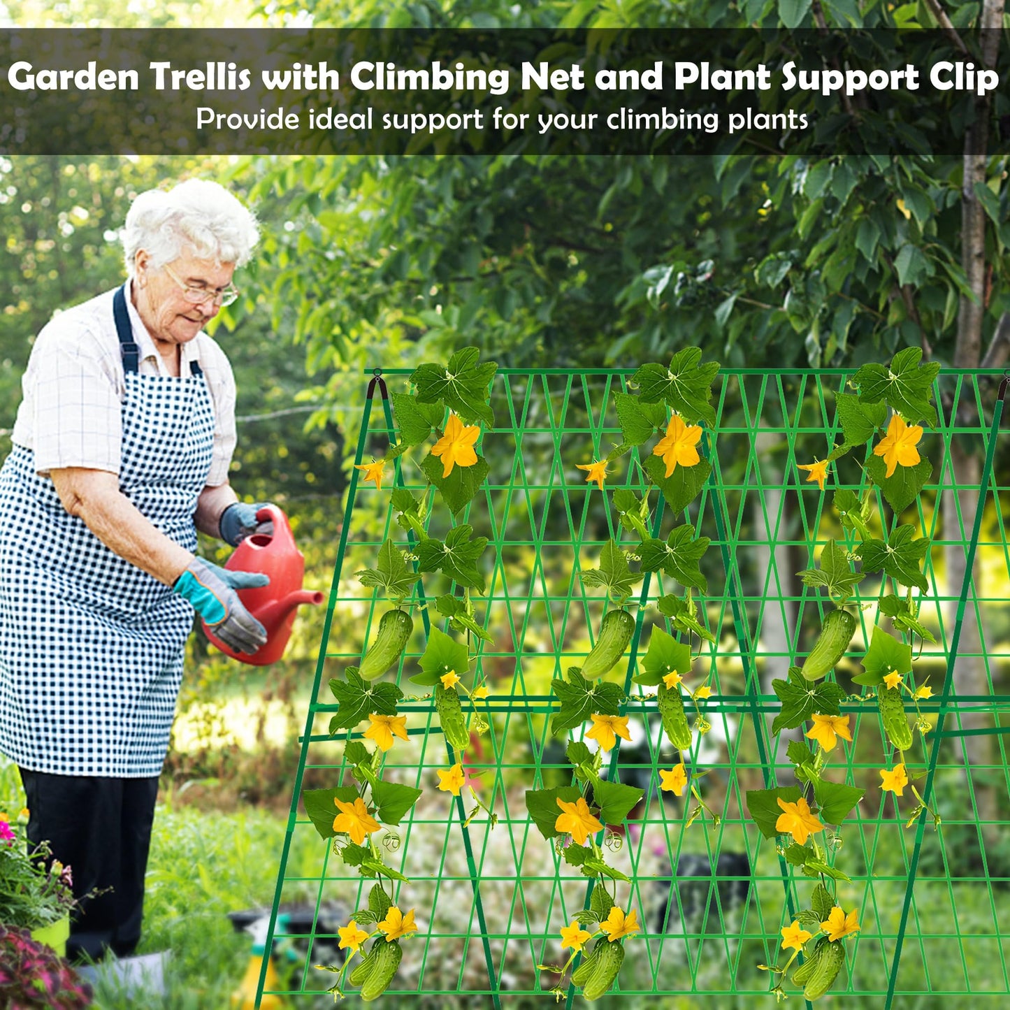 2 Packs 48" x 48" Foldable Cucumber Trellis for Raised Bed- A-Frame Garden Trellis for Climbing Plant Outdoor with Climbing Net & Plant Support Clip for Outdoor Plants Zucchini Vegetables Flowers