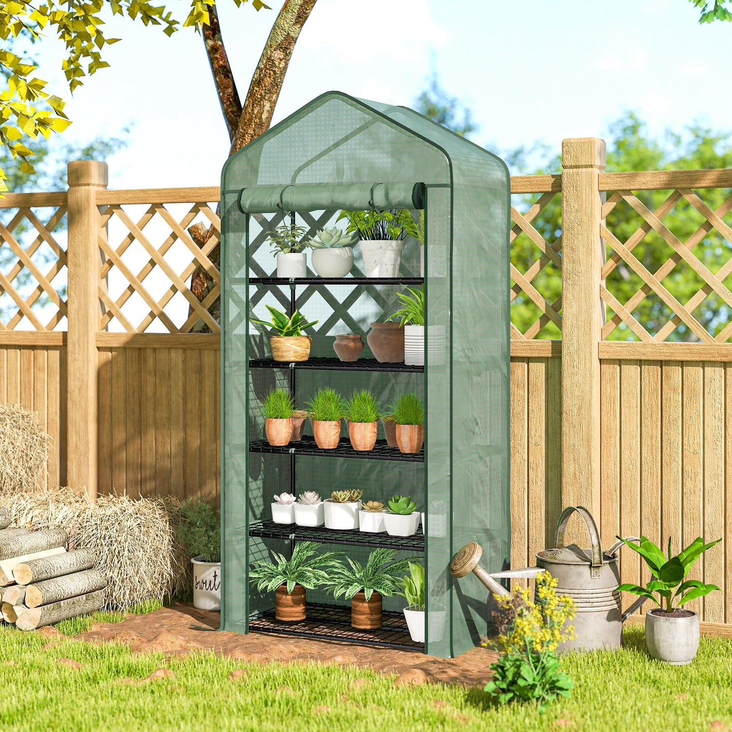 Outsunny 5 Tier Mini Greenhouse, 76" x 35.4" x 19.3" Small Portable Greenhouse with Reinforced PE Cover, Roll-Up Zippered Door, for Indoor Outdoor Garden Yard Backyard, Green