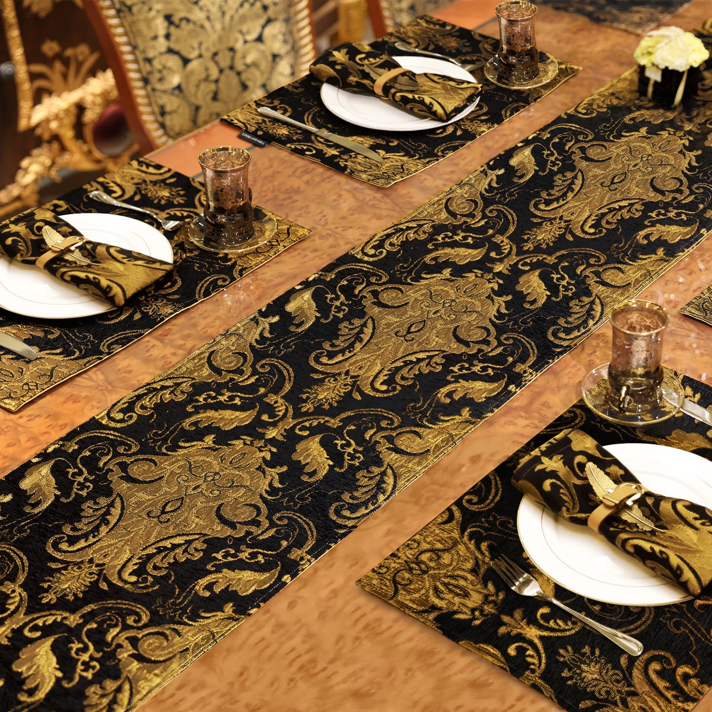 Loom and Mill Luxury Chenille Placemats Set of 4, Classic Damask Jacquard Table Place Mats for Dining Table Kitchen Halloween Holiday Banquet Decoration, Double-Layer Dining Table Mats(12"x18", Black)