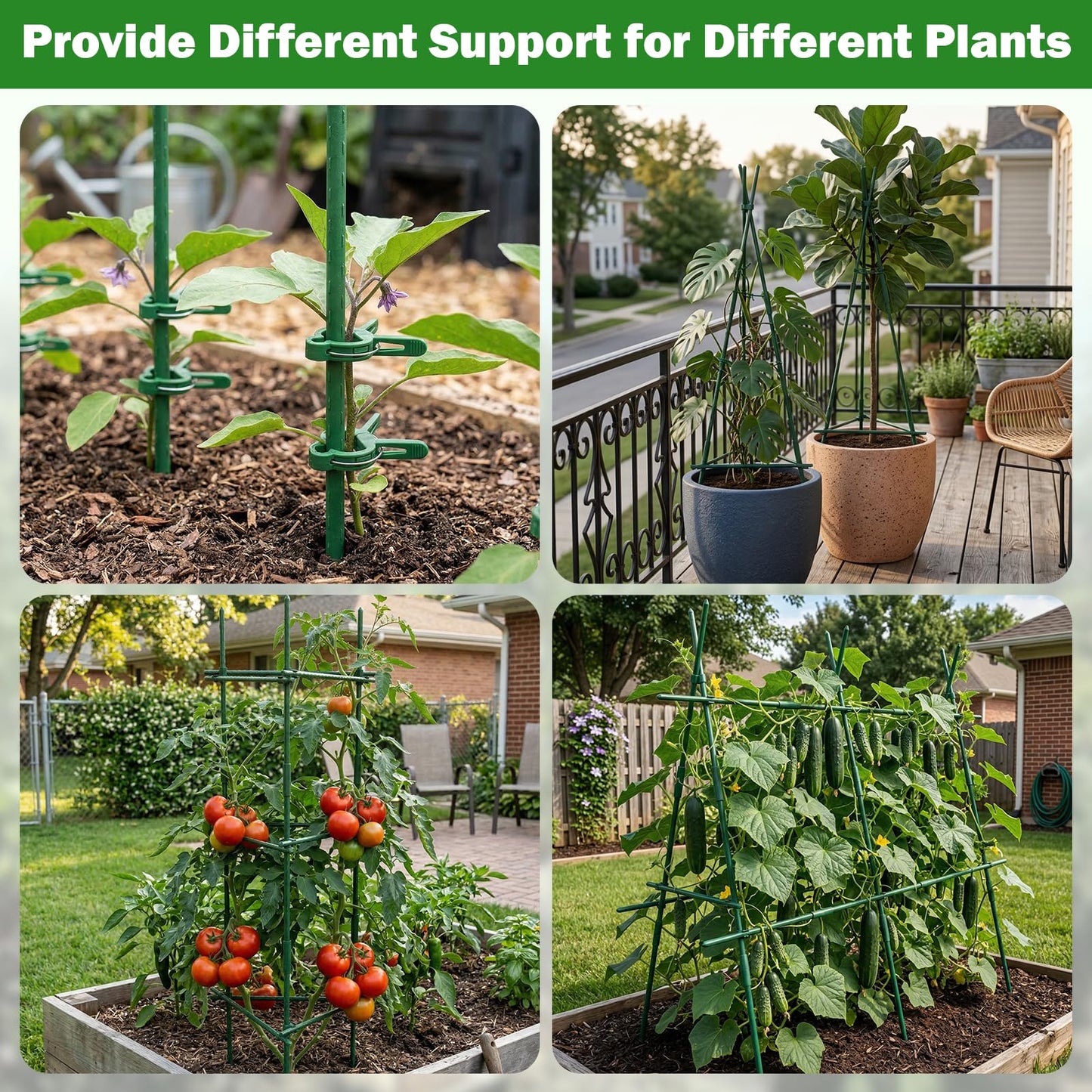 Tegarbed Garden Stakes 70 Pack, 16 Inch Plastic Coated Metal Tomato Stakes, DIY 4ft 5ft 6ft 7ft Plant Support Stakes with 40 Connectors 30 Rotatable Clips 30 Plant Clips for Indoor Outdoor Vegetables
