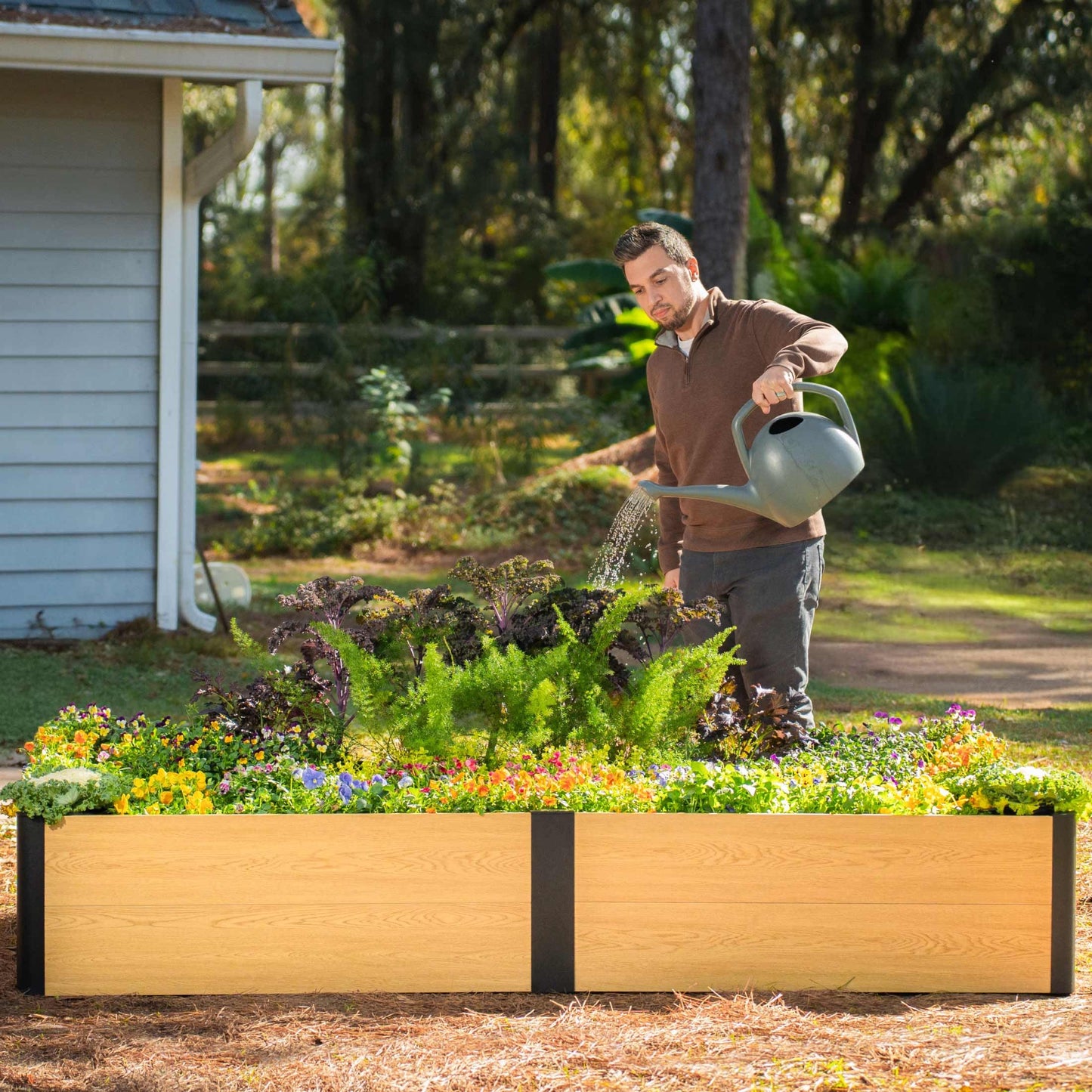 Vego garden Woodgrain Series Raised Garden Bed, 16'' Tall 2' x 8' Wooden-Look Metal Planter Box Outdoor for Gardening Vegetables, Flowers, Herbs