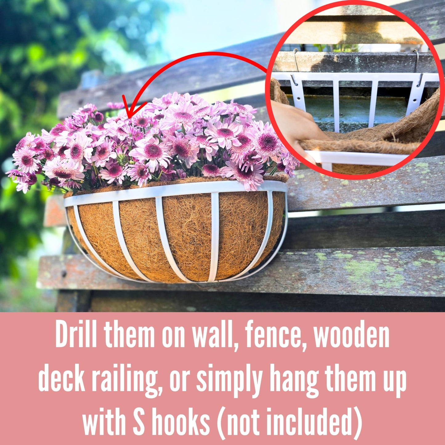 LaLaGreen Bundle- 4 Pack, 12 Inch Large White Self Watering Pot + 2 Pack, 16 Inch Metal Basket with Coco Liner Horse Trough Wall Rail Window Patio Porch Flower Box Geometric Hanging Indoor Vase Decor