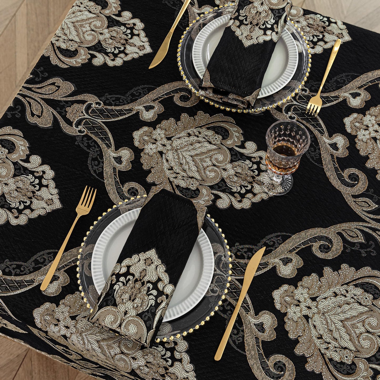 Loom and Mill Black Tablecloth 60 x 120 Inches, Classic Jacquard Rectangle Table Cover with Handmade Tassels for Halloween Dining Room Banquet Decorations (Black, 60"x120")