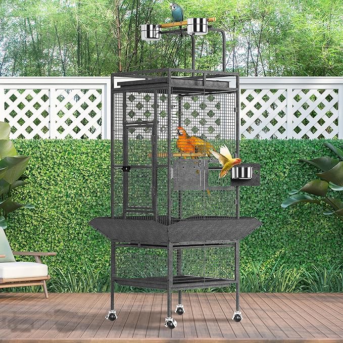 61" Extra Large Bird Cage with Play Top & Rolling Stand – Wide Metal Parrot Cage for Macaws, Cockatoos, Conures, Parakeets, Lovebirds – Includes Bowls