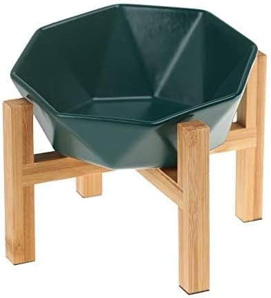 Green with Stand Ceramic Tilted Elevated Raised Pet Bowl with Bamboo Stand for Cats and Dogs No Spill Pet Food Water Feeder