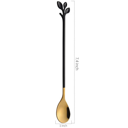 AnSaw 6-Piece Elegant Black & Gold Leaf Long Handle Teaspoons - 7.4"