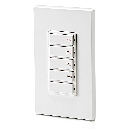 Leviton Countdown Timer Switch for bathroom fan and household lights, 5-10-15-30 min, No Neutral Required, Single Pole, 15A, 1/2 HP/9.8A Fan/Motor, DT130-1LW, White