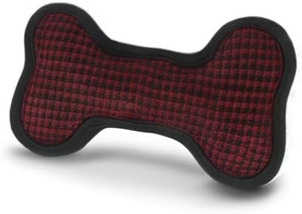 P.L.A.Y. Stuffed Dog Toys, ECO Bones - Extra Durable Squeaker Chew Toy, Great for Teething Puppies & Small, Medium, Large Dog Breeds - Machine Washable, Recycled Materials (Red Houndstooth, Small)