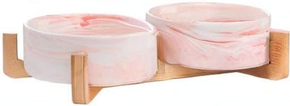Ceramic Dog Bowls with Non-Slip Bamboo Stand - Dog Food and Water Bowl Set Ideal for Cats and Small Dogs - Double 5.1" Pet Dishes, Each Feeder Holds 1.4 Cups / 10.8 fl oz - Pink Marble